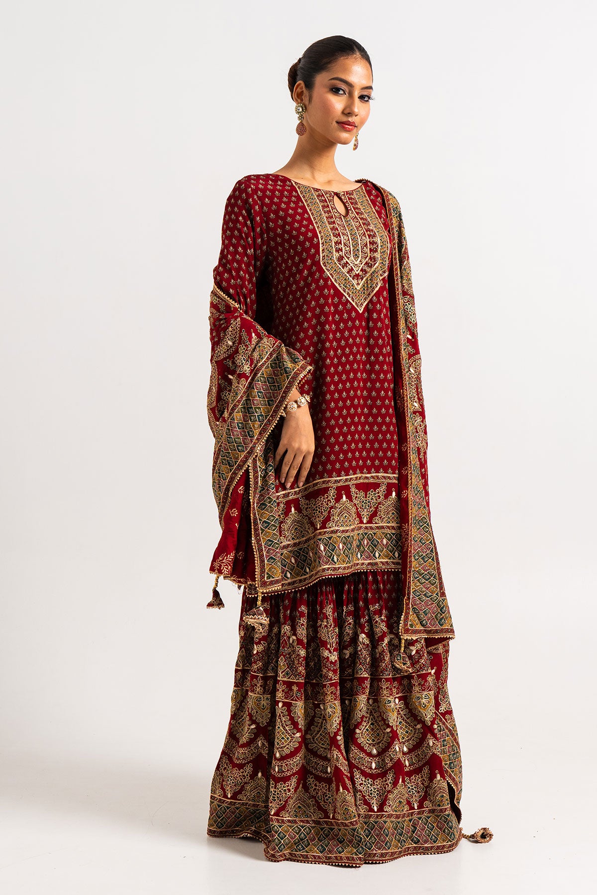 Maroon Printed Gharara Set  With Gotapatti Work