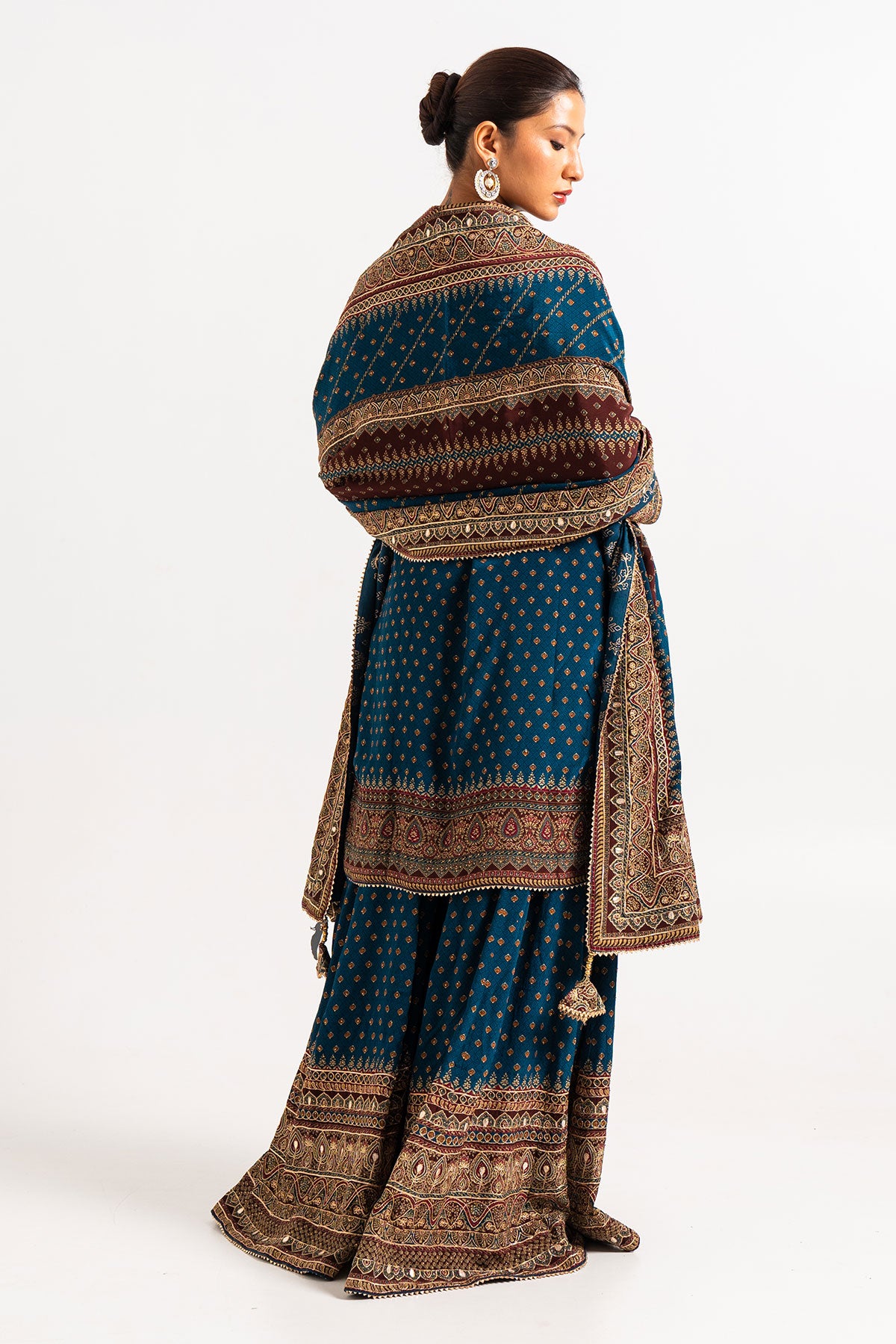 Royal Blue And Maroon Printed Gharara Set With Gota And Zari Work