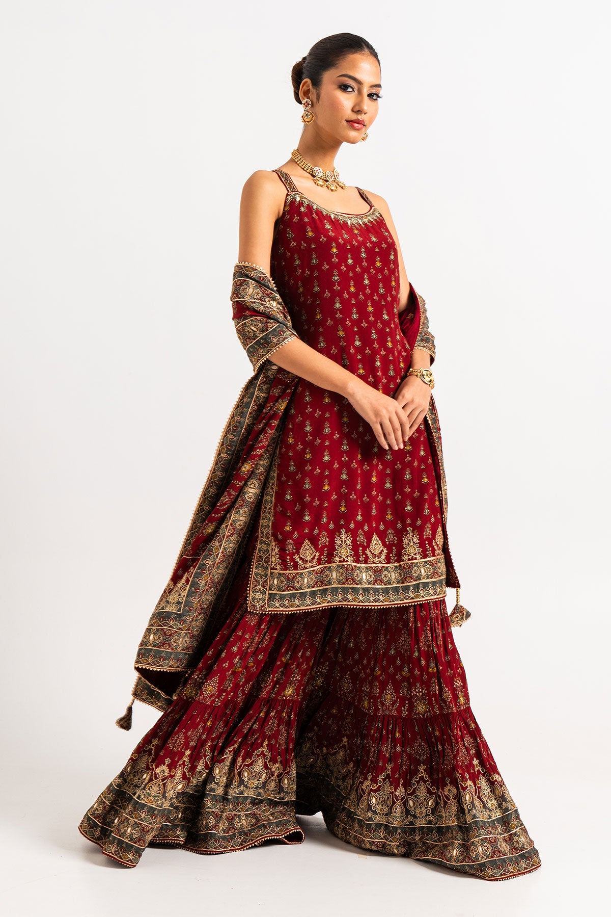 Maroon Printed Three Tiered Gharara Set With Gota Work