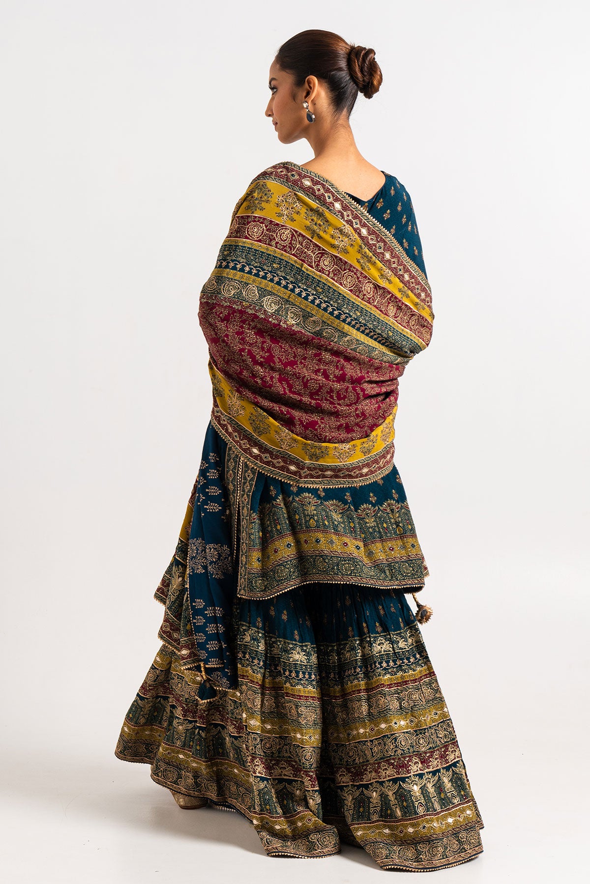 Dark Blue Printed Gharara Set  With Yellow And Maroon Dupatta