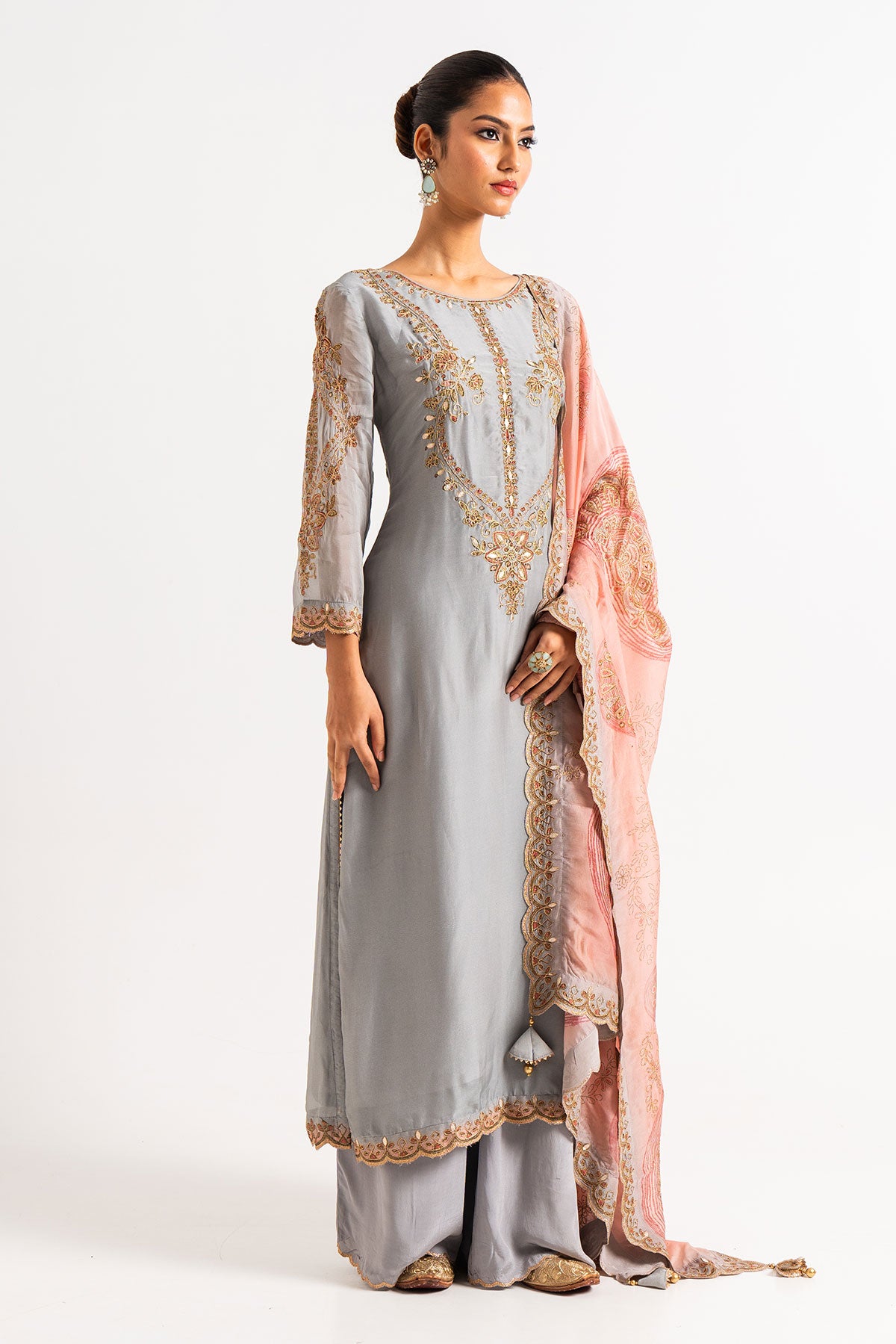 Grey And Rose Pink Printed Gharara Set