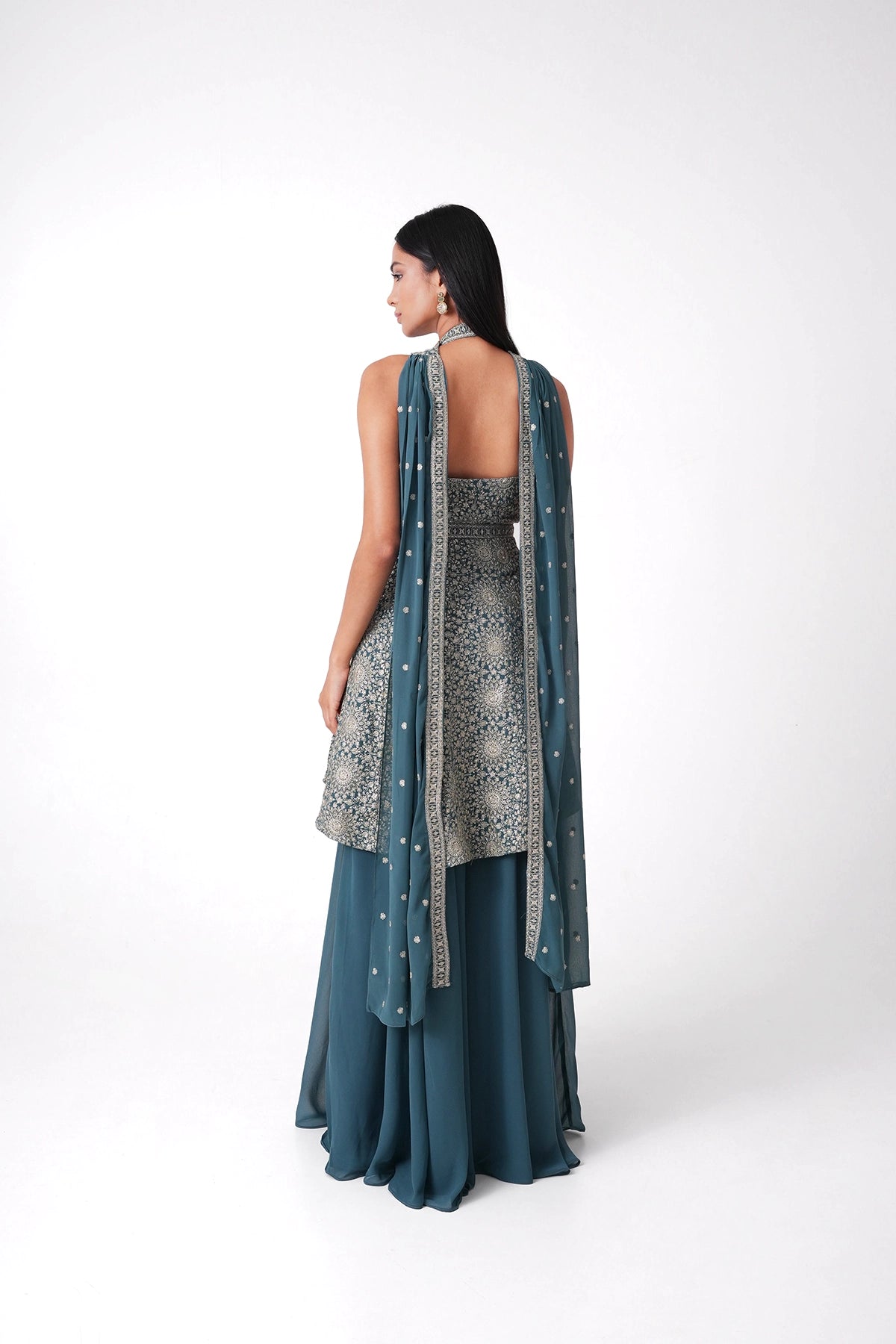 Blue Halter Neck Palazzo Set In Georgette