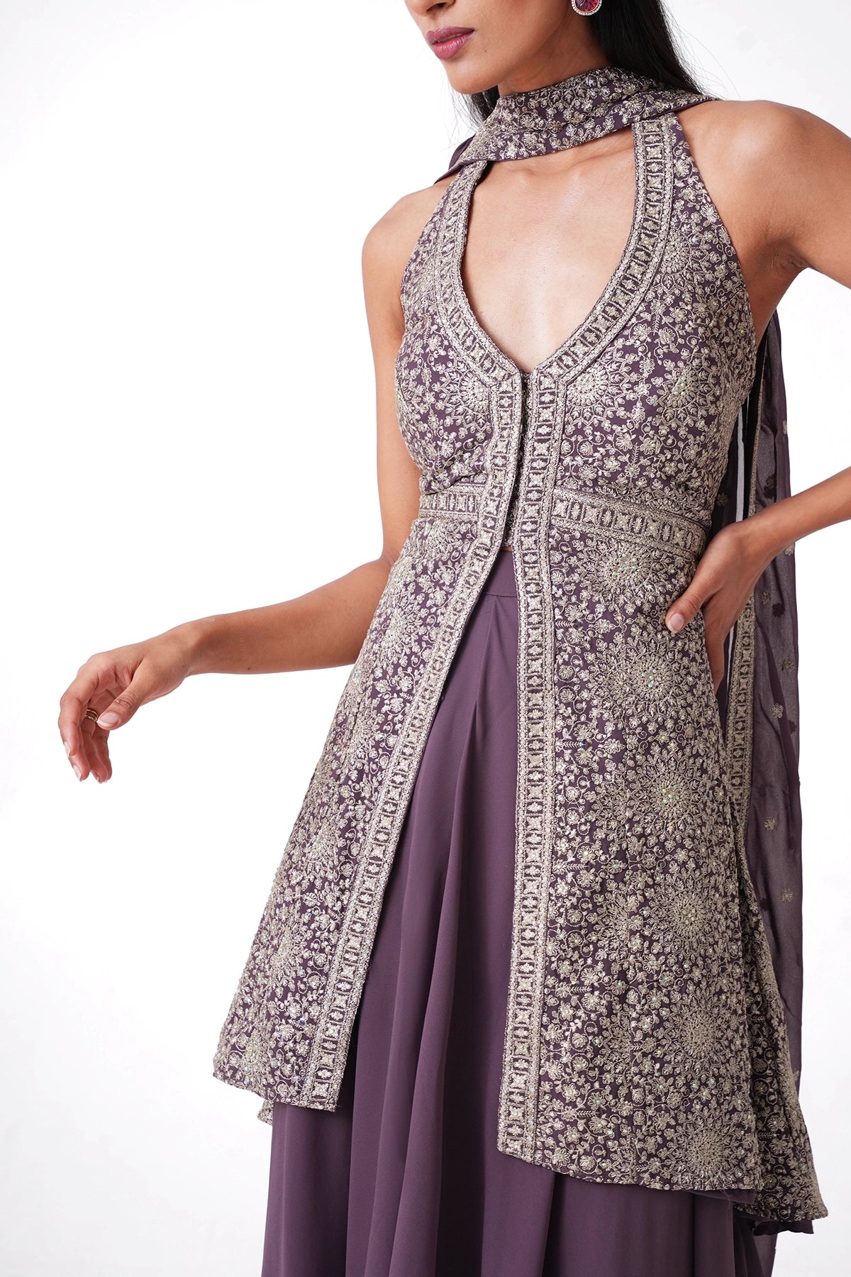 Dusty Mauve Halter Neck Palazzo Set In Georgette