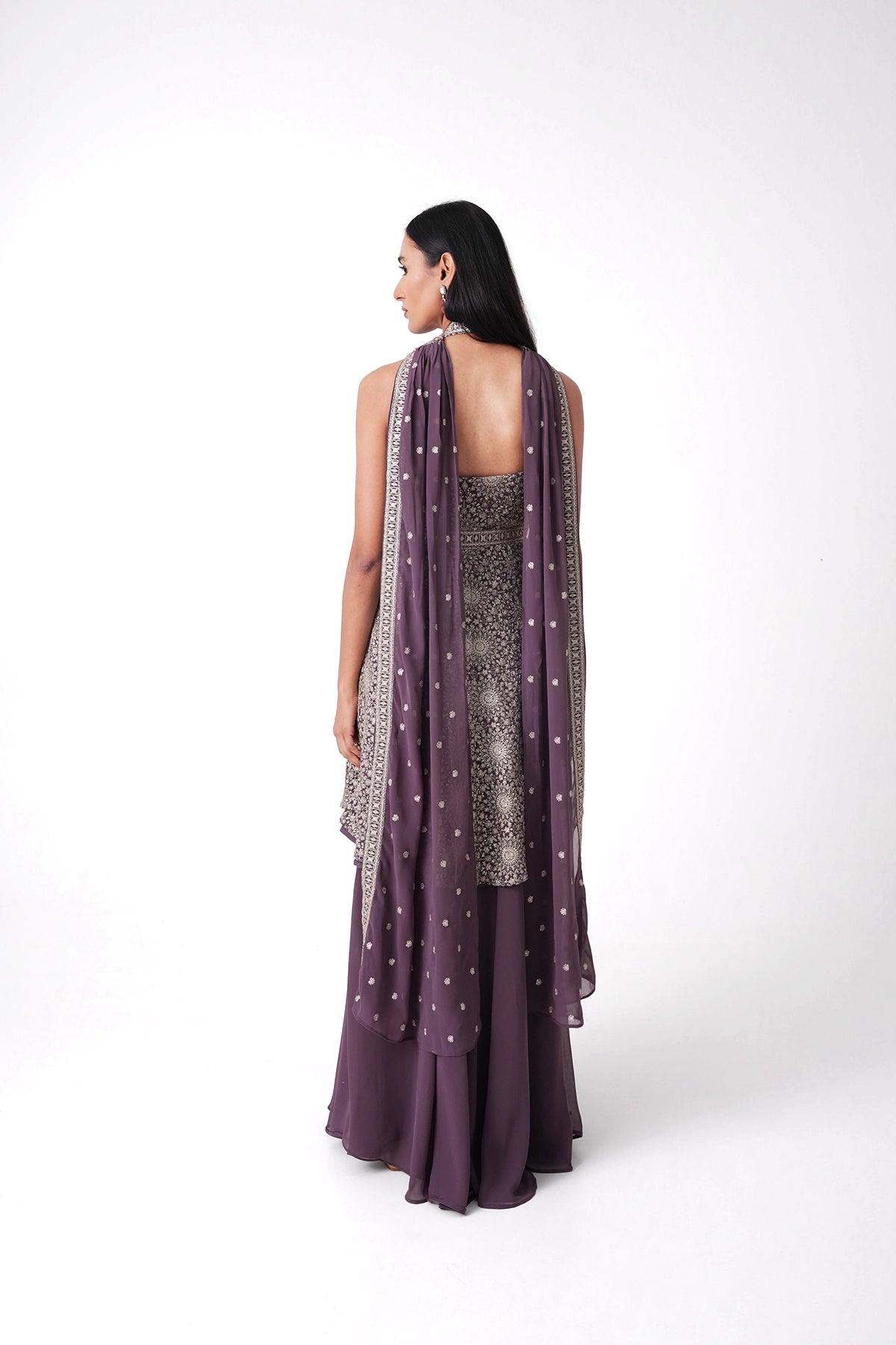 Dusty Mauve Halter Neck Palazzo Set In Georgette