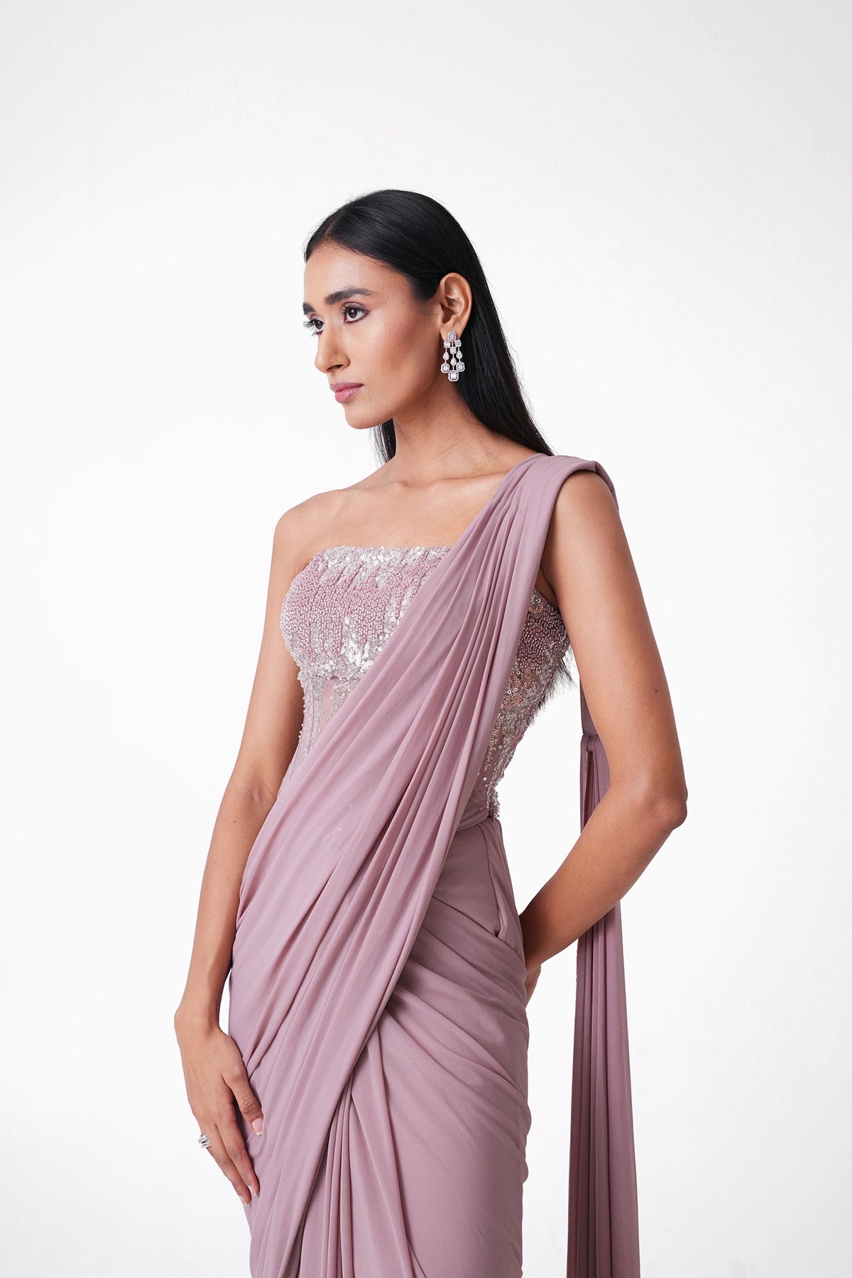 Dusty Pink Corset Blouse Pre-Draped Saree In Lycra
