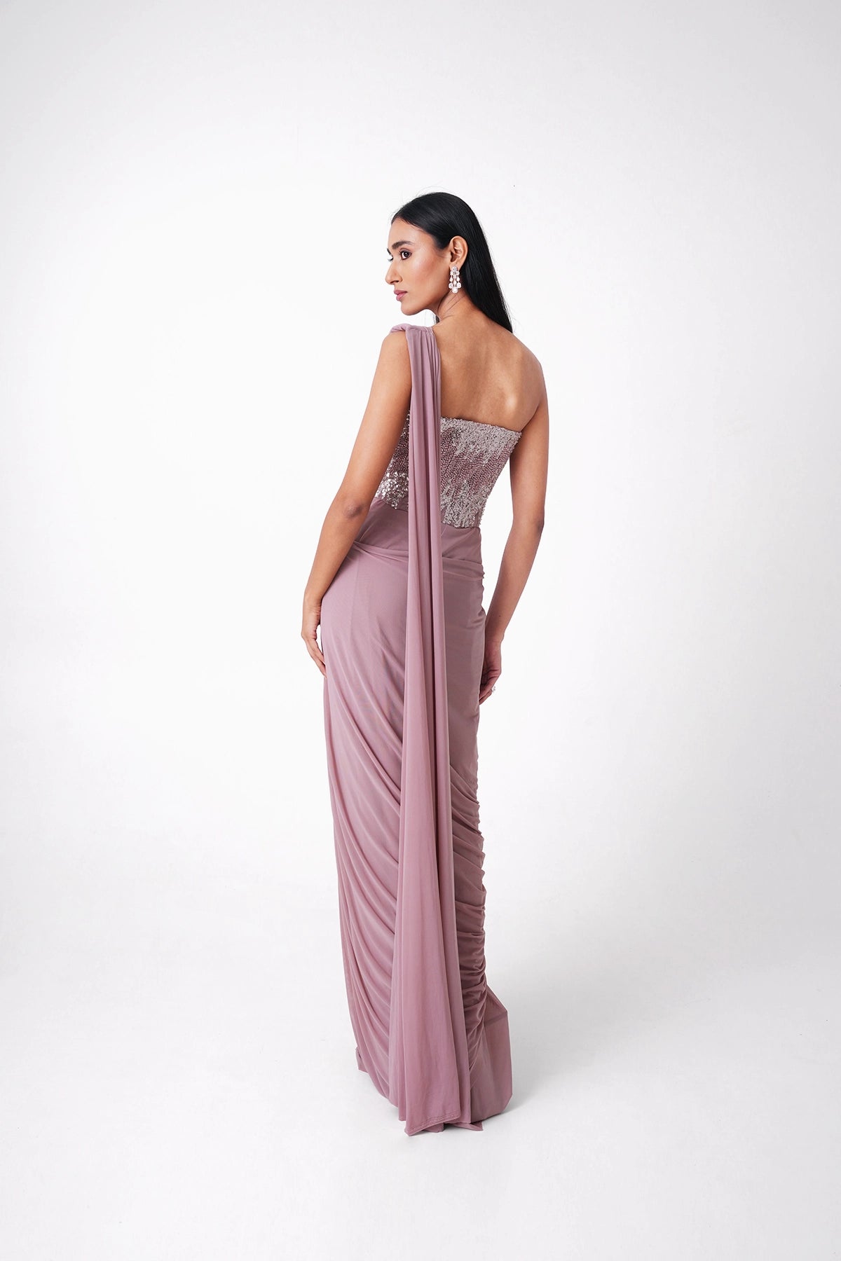 Dusty Pink Corset Blouse Pre-Draped Saree In Lycra