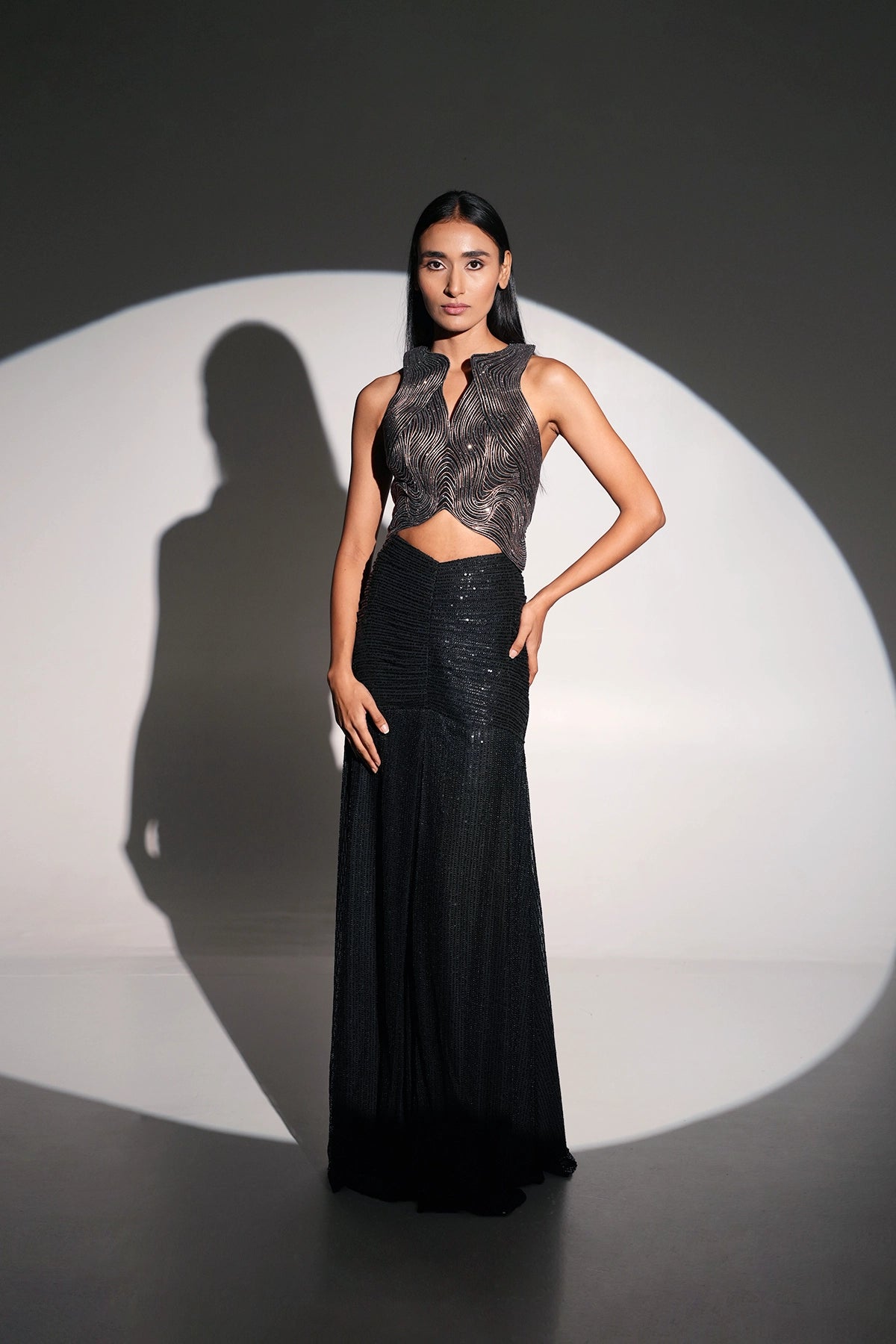 Black And Gold Metallic Indowestern Skirt And Top Set