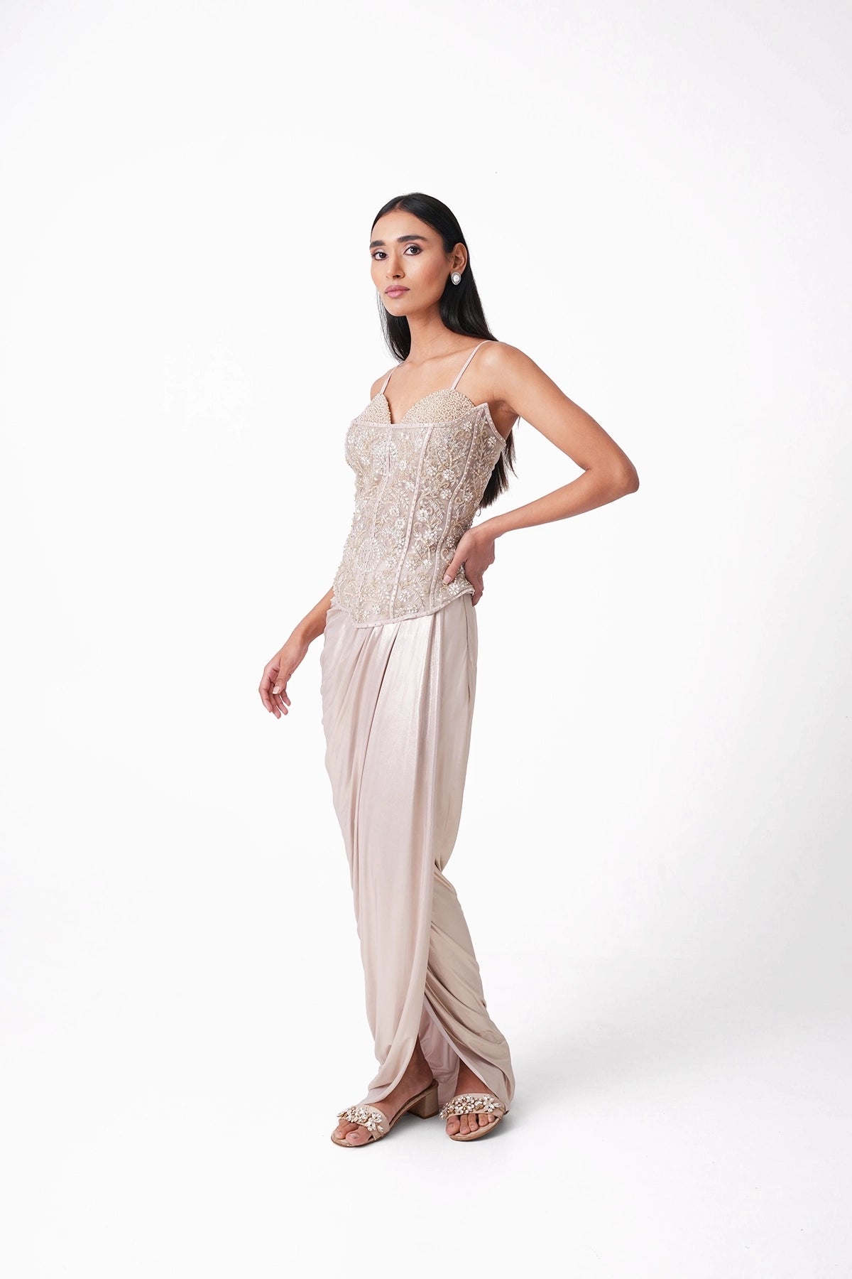 Ivory Corset Blouse With Draped Skirt In Lycra