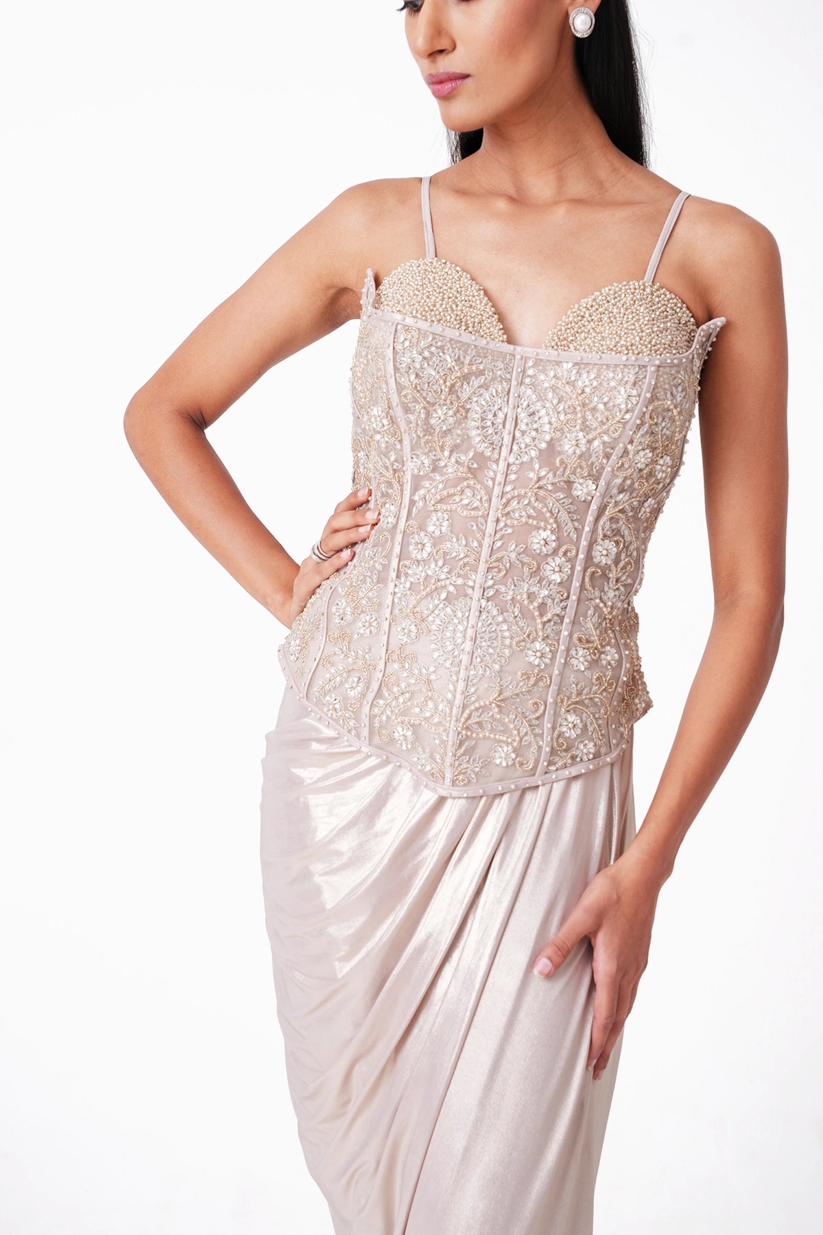 Ivory Corset Blouse With Draped Skirt In Lycra