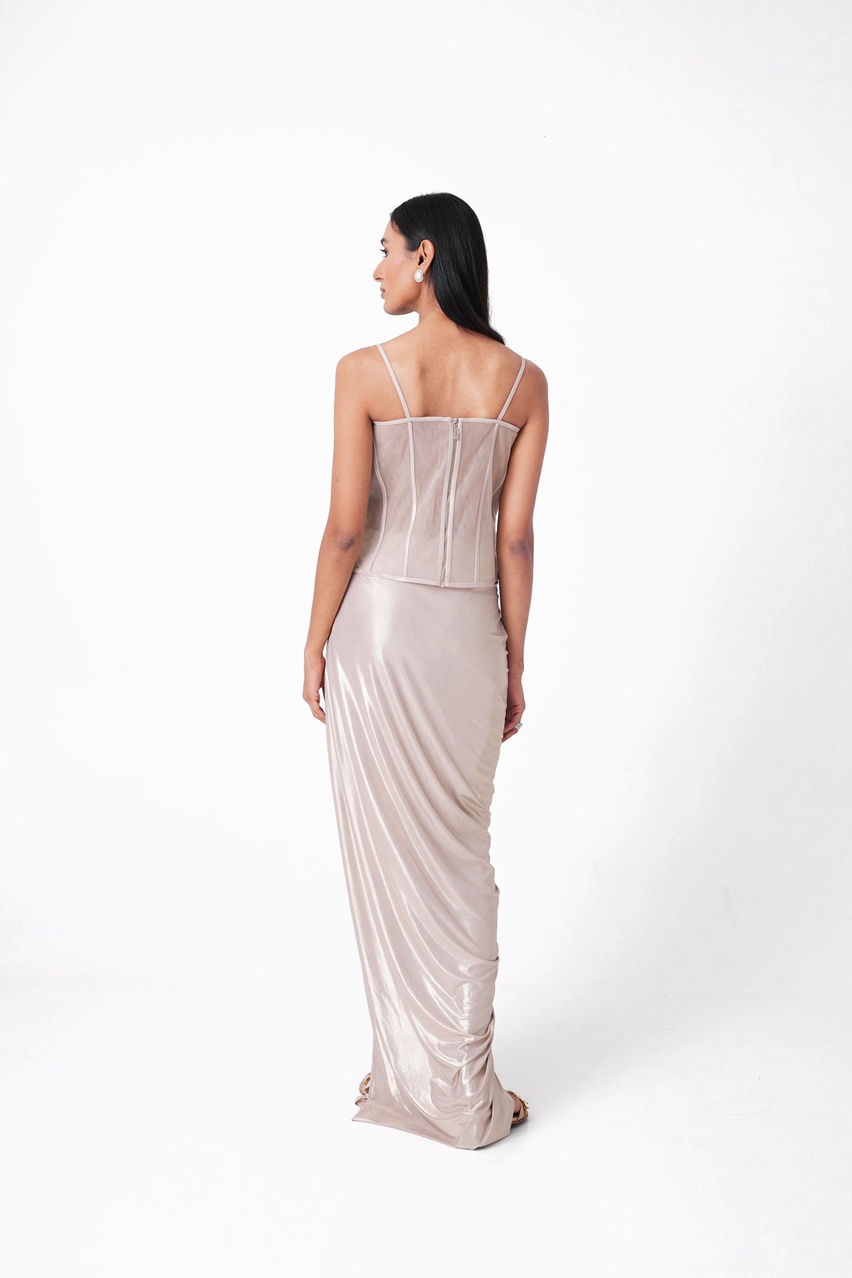 Ivory Corset Blouse With Draped Skirt In Lycra