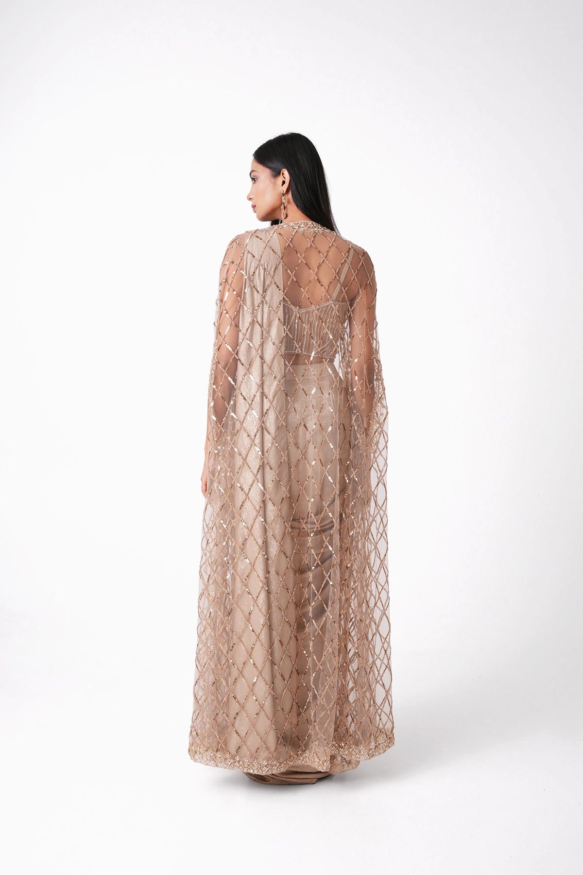 Gold Corset Pre-Draped Saree With Cape