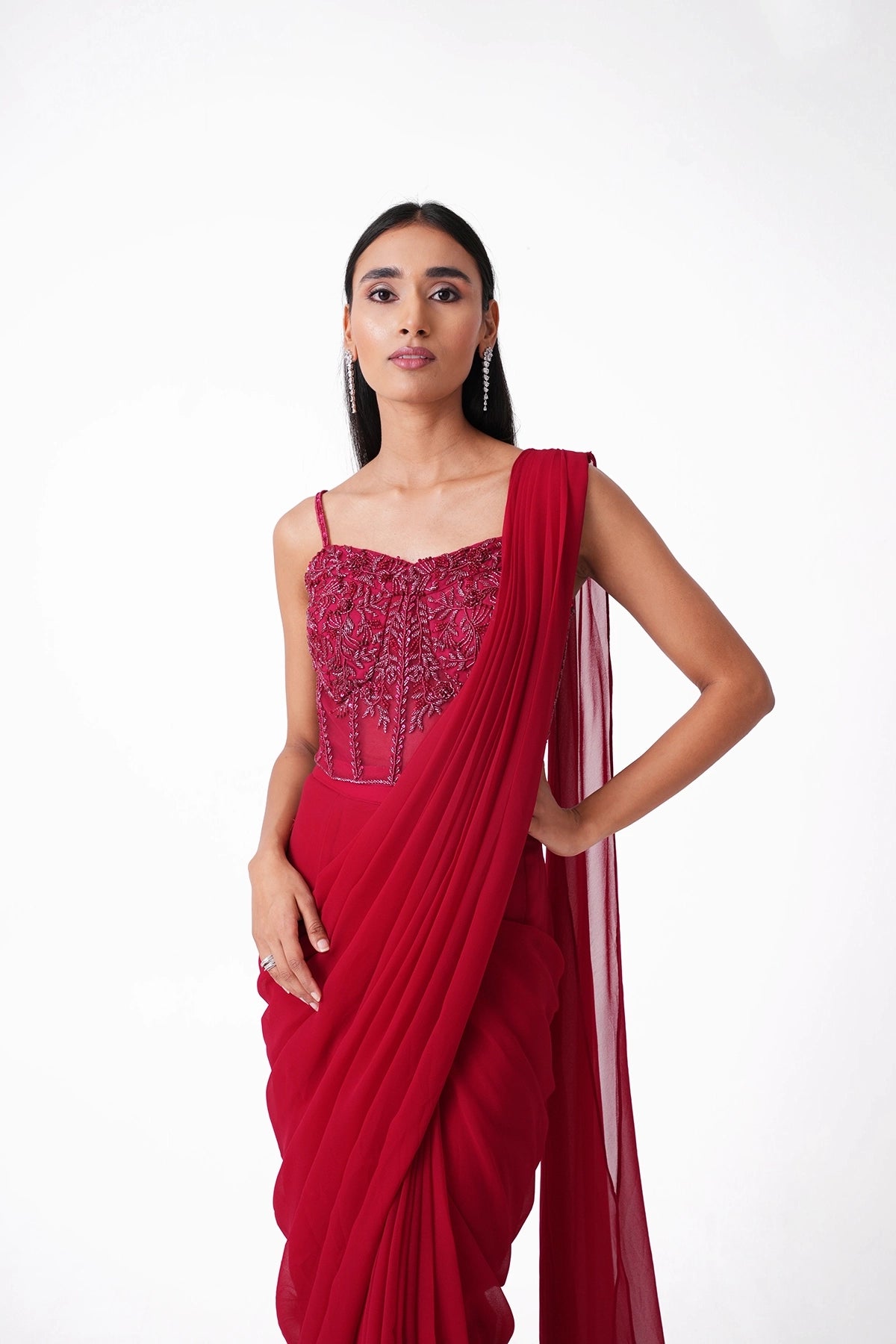 Pink Corset Pre-Draped Saree In Georgette