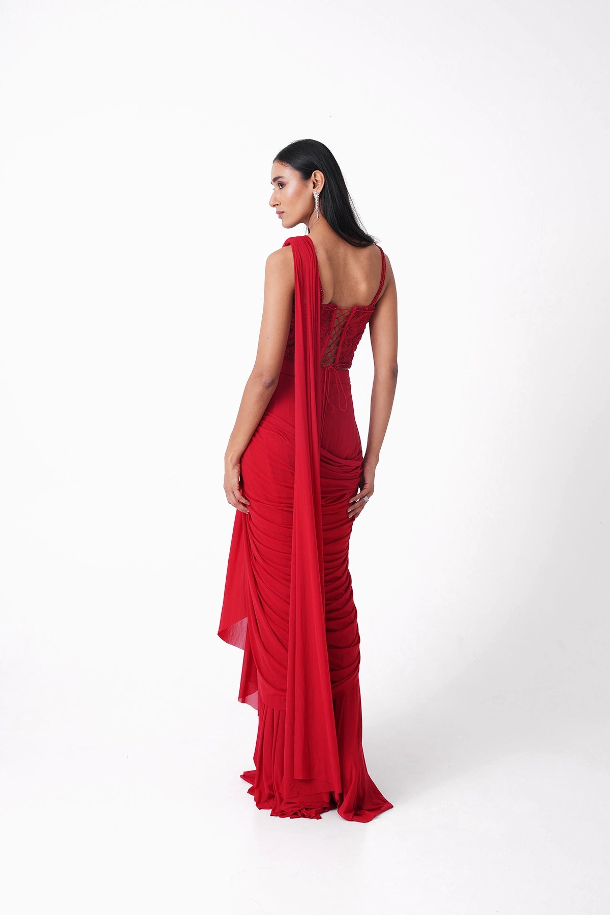 Red Corset Pre-Draped Saree In Lycra