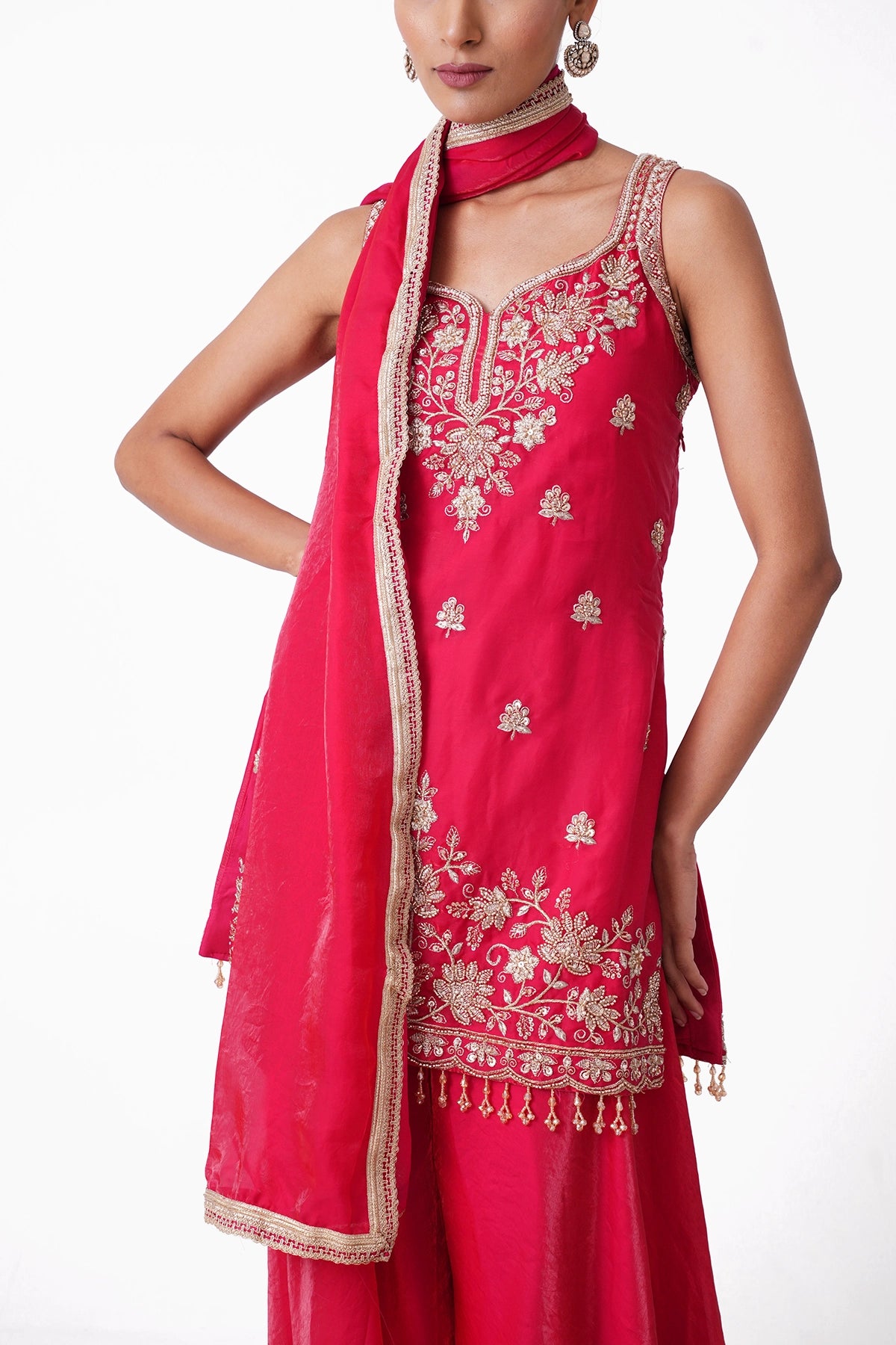 Tomato Red Suit Set In Tissue Fabric