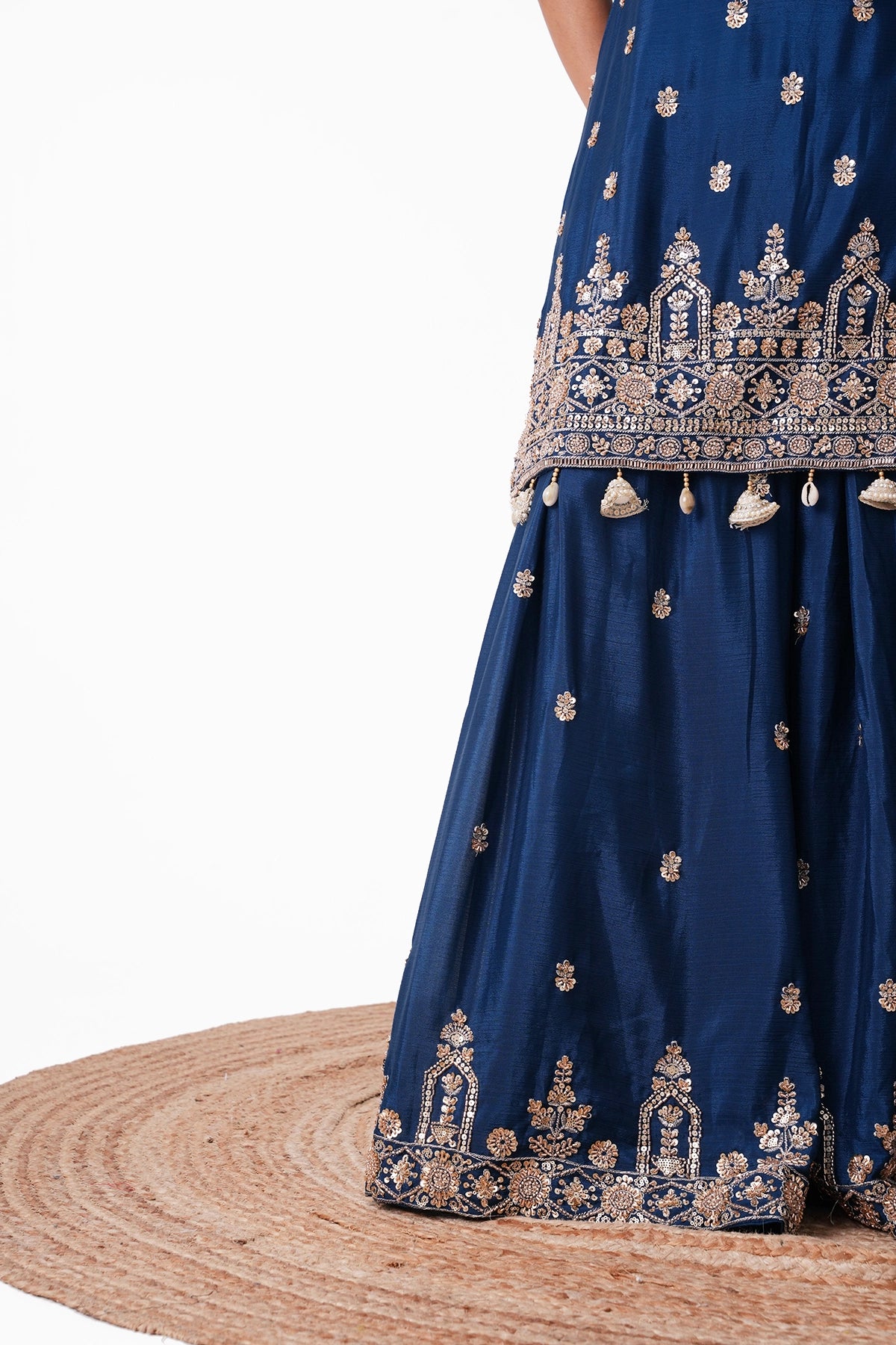 Teal Blue Embroidered Suit Set In Chinnon