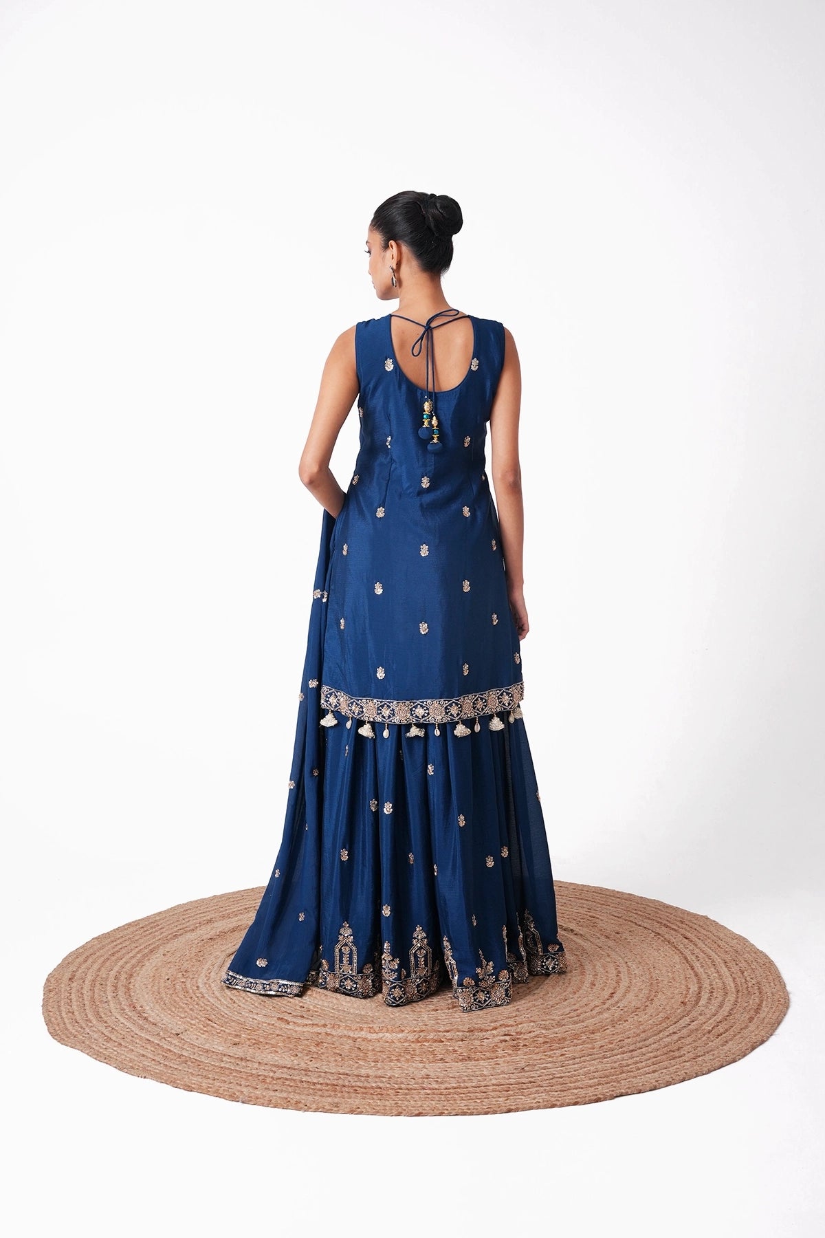 Teal Blue Embroidered Suit Set In Chinnon