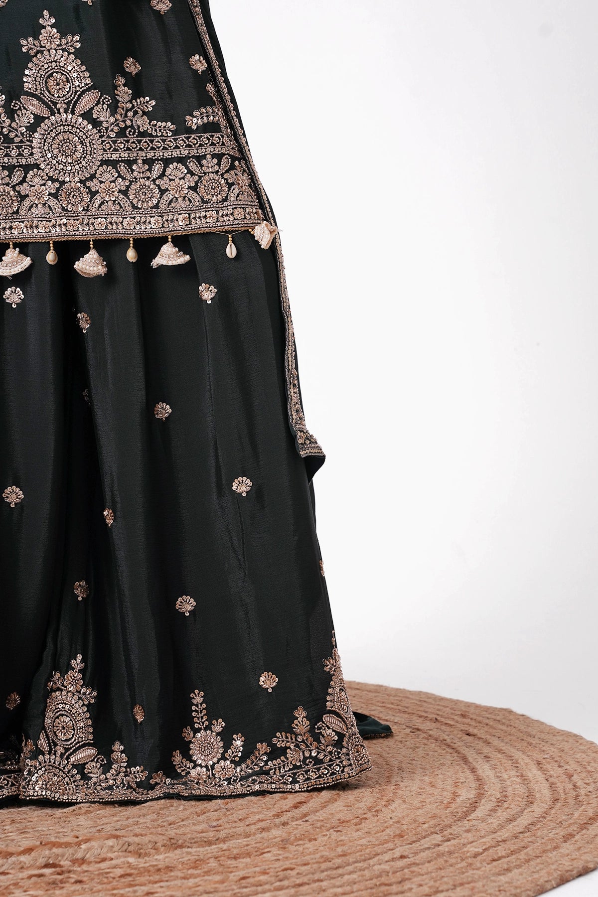 Bottle Green Embroidered Suit Set In Chinnon