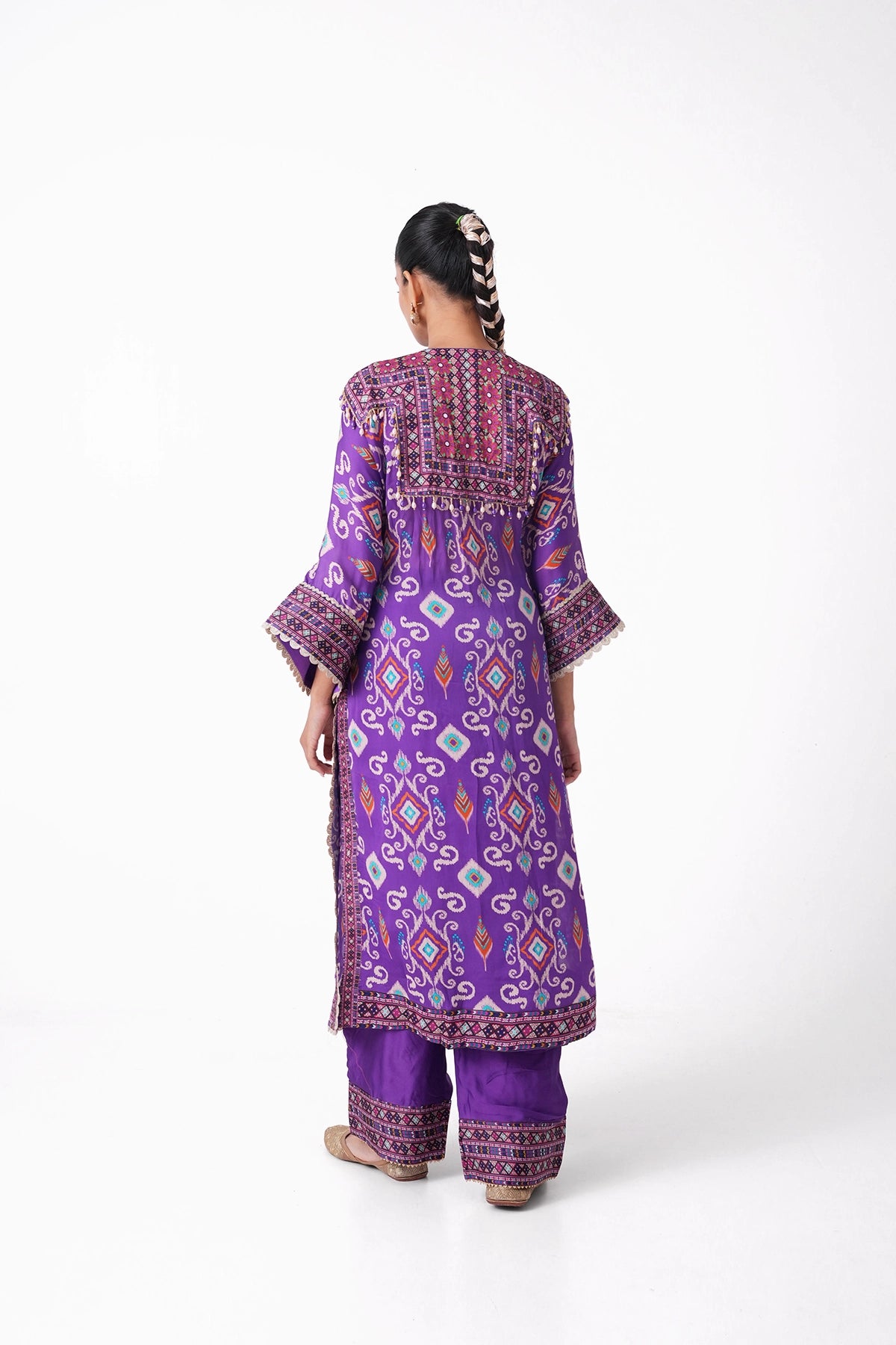 Purple Patola Printed Suit Set With Kimono Sleeves