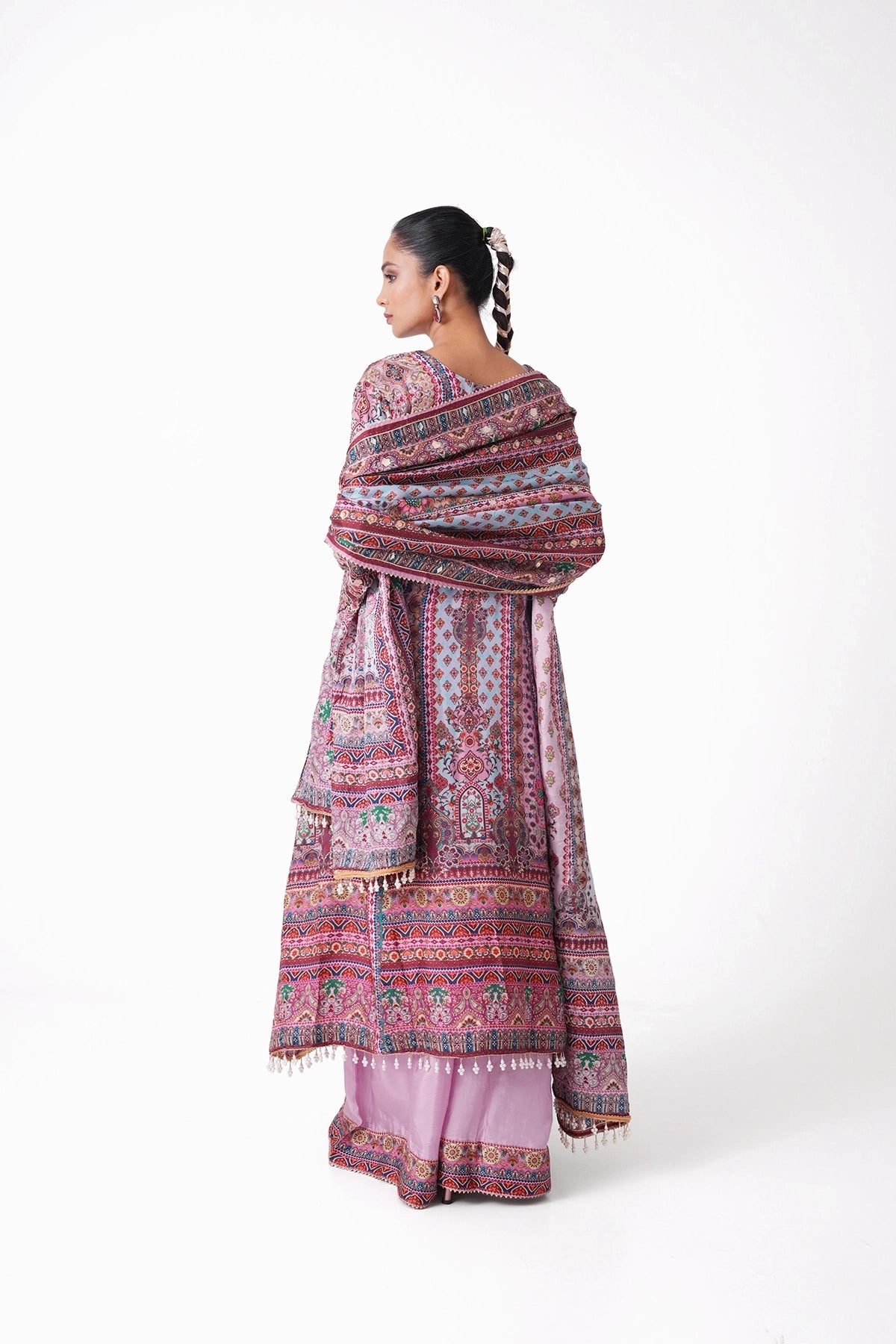 Lilac And Sky Blue Multicoloured Printed Salvaar Kameez Set In Opada Silk