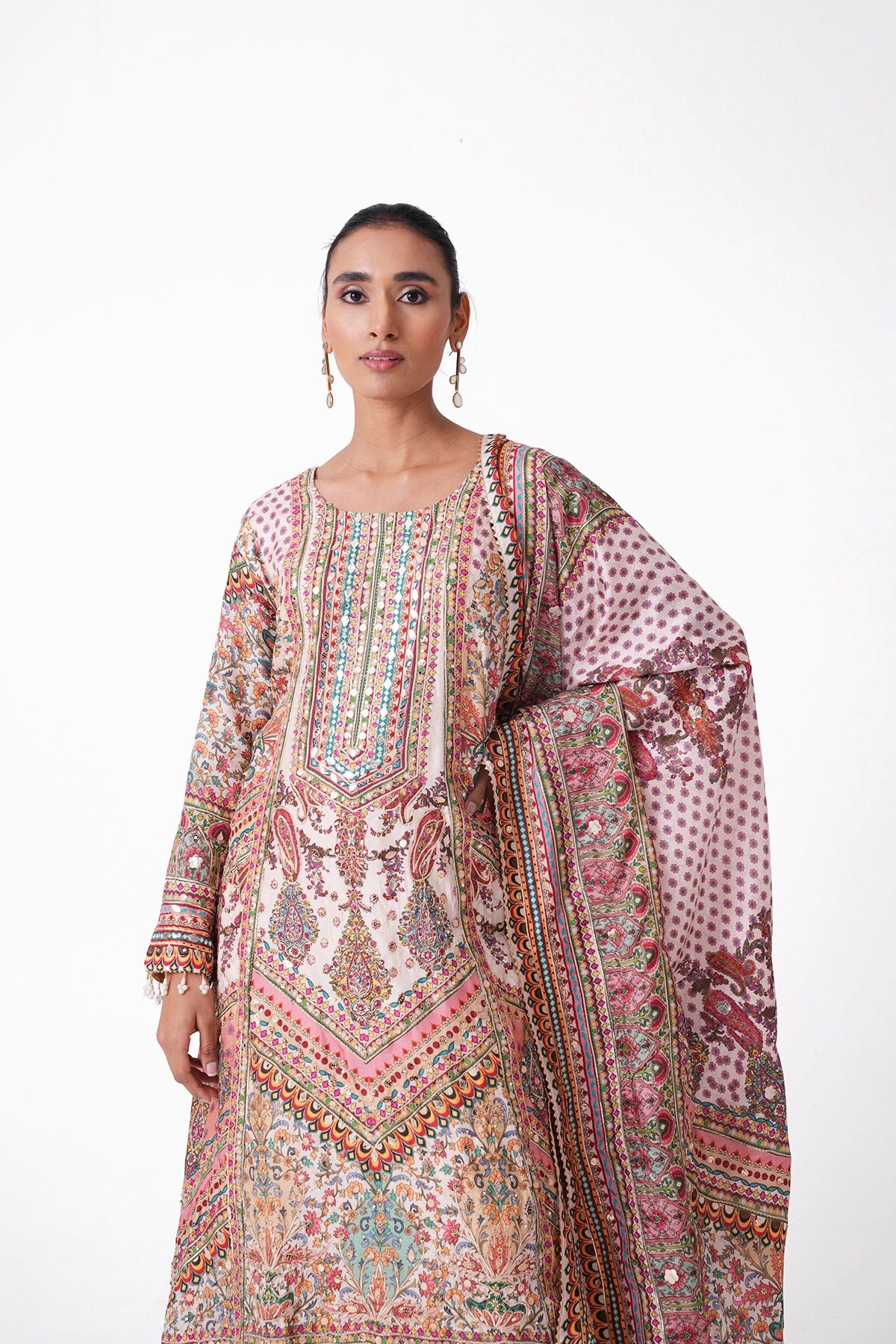 Dark Ivory Multicoloured Printed Suit Set In Opada Silk