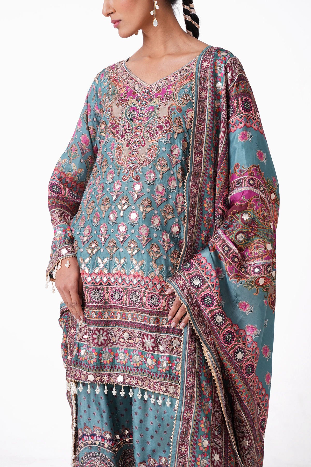 Blue Multicoloured Printed Suit Set In Opada Silk