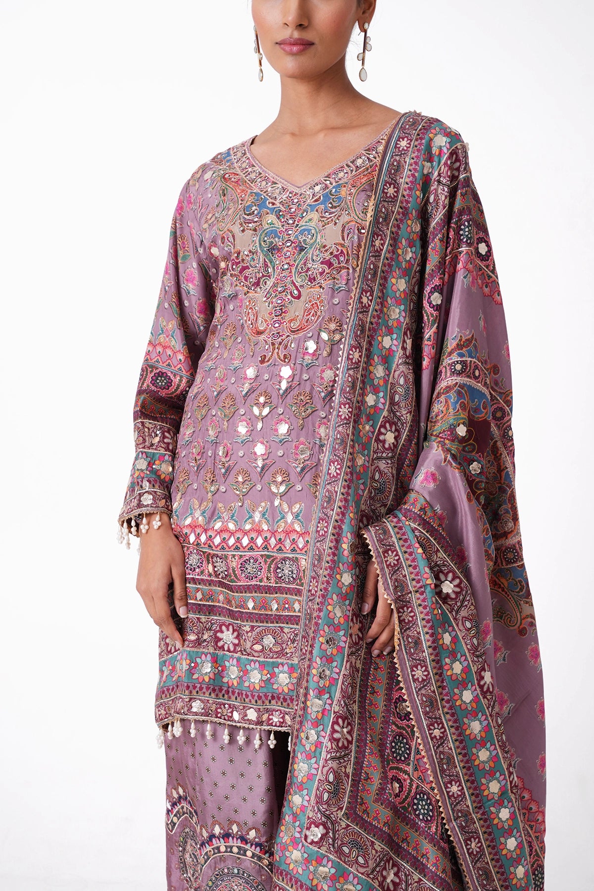 Mauve Multicoloured Printed Suit Set In Opada Silk