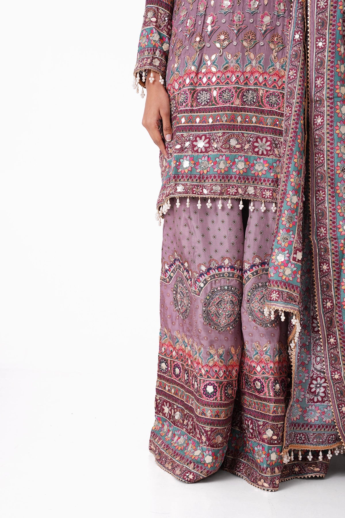 Mauve Multicoloured Printed Suit Set In Opada Silk