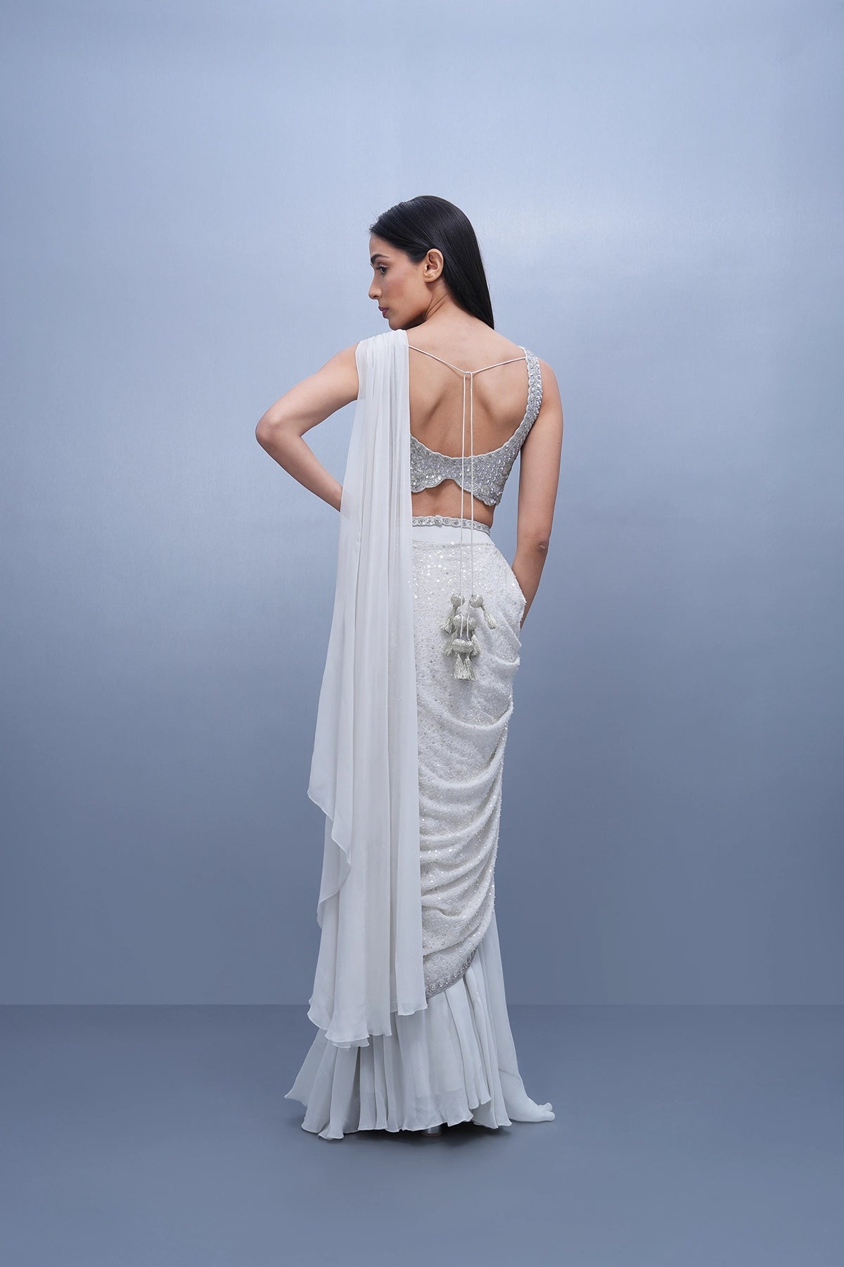 Ivory pre-draped saree set in georgette sequin fabric