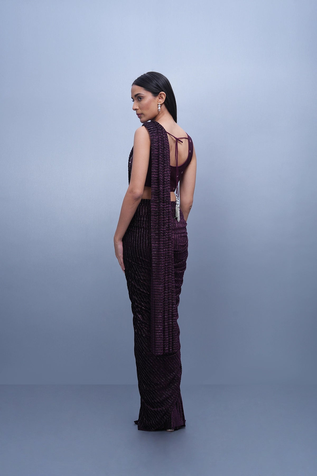 Wine pre-draped saree set in lycra and velvet stripped fabric
