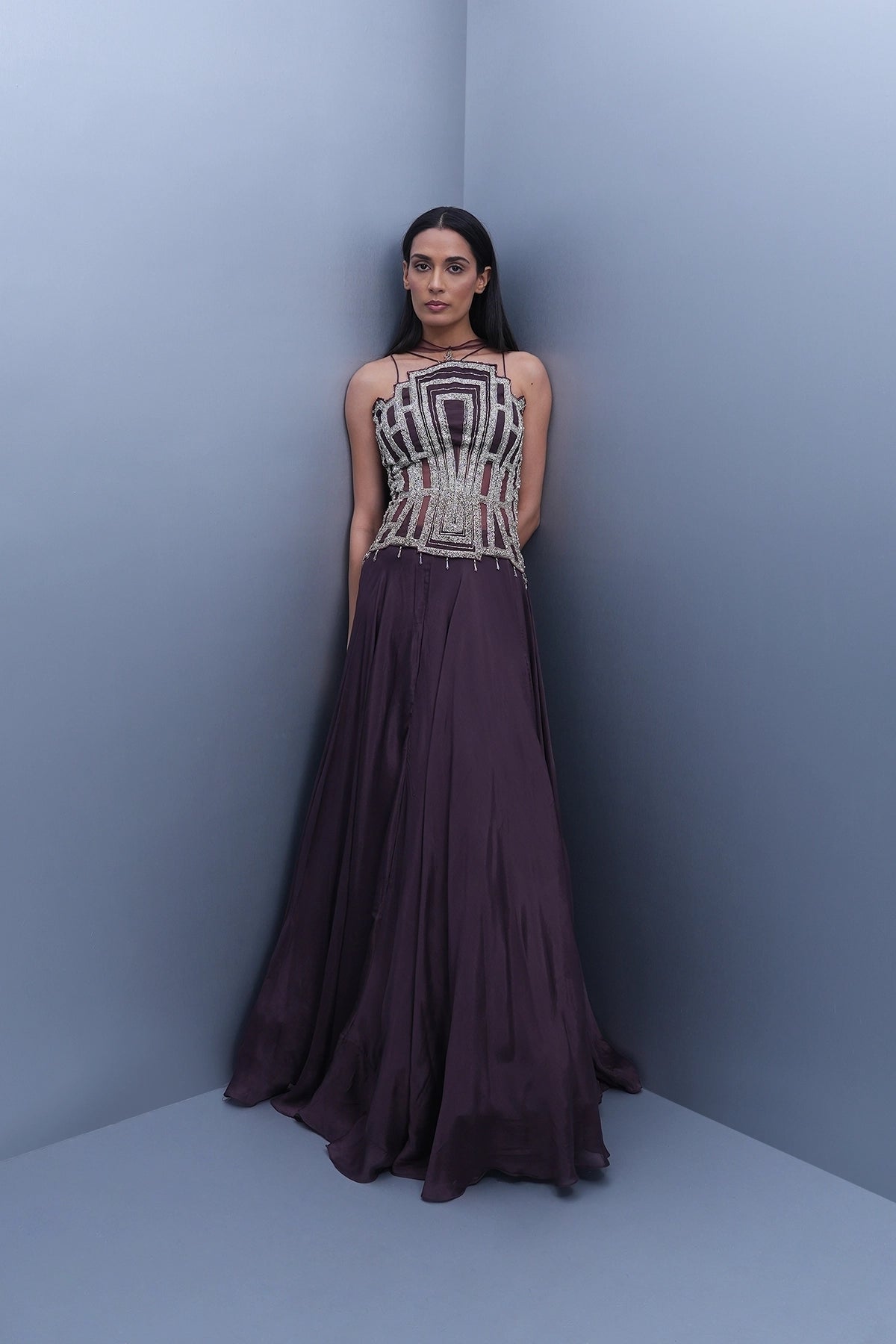 Dark mauve lehenga with a long corset top and choker dupatta