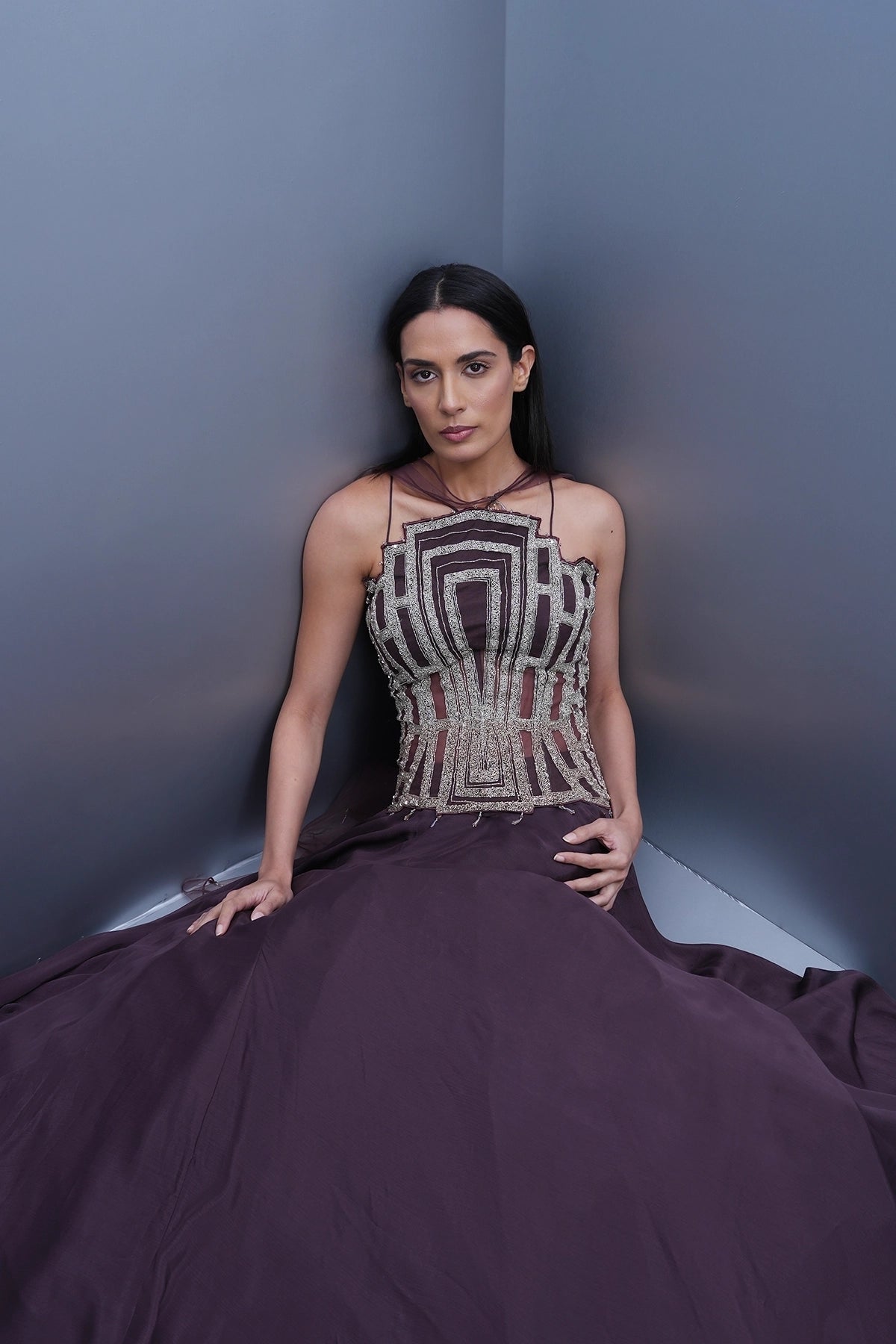 Dark mauve lehenga with a long corset top and choker dupatta