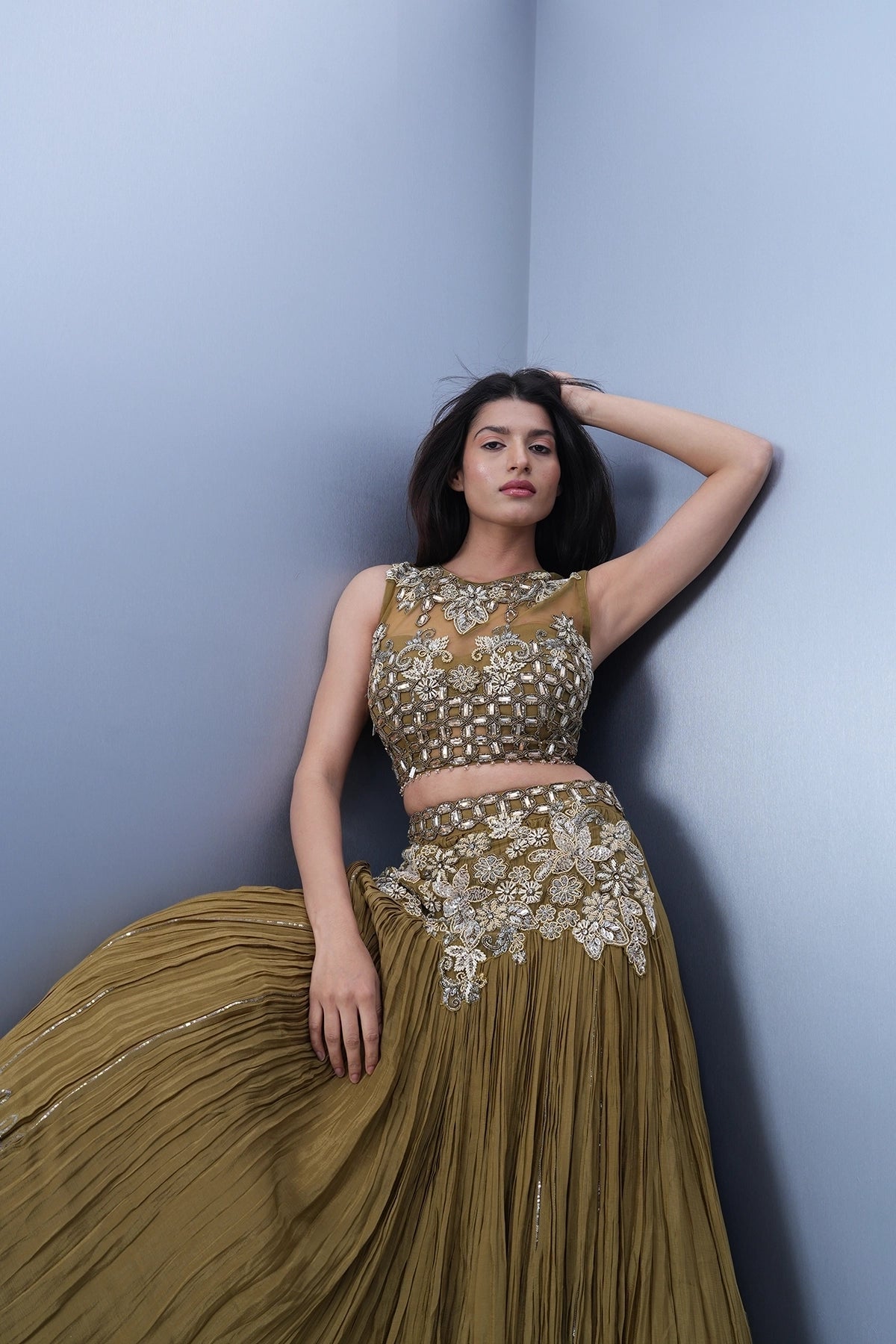 Dusty olive green lehenga set in chinnon fabric