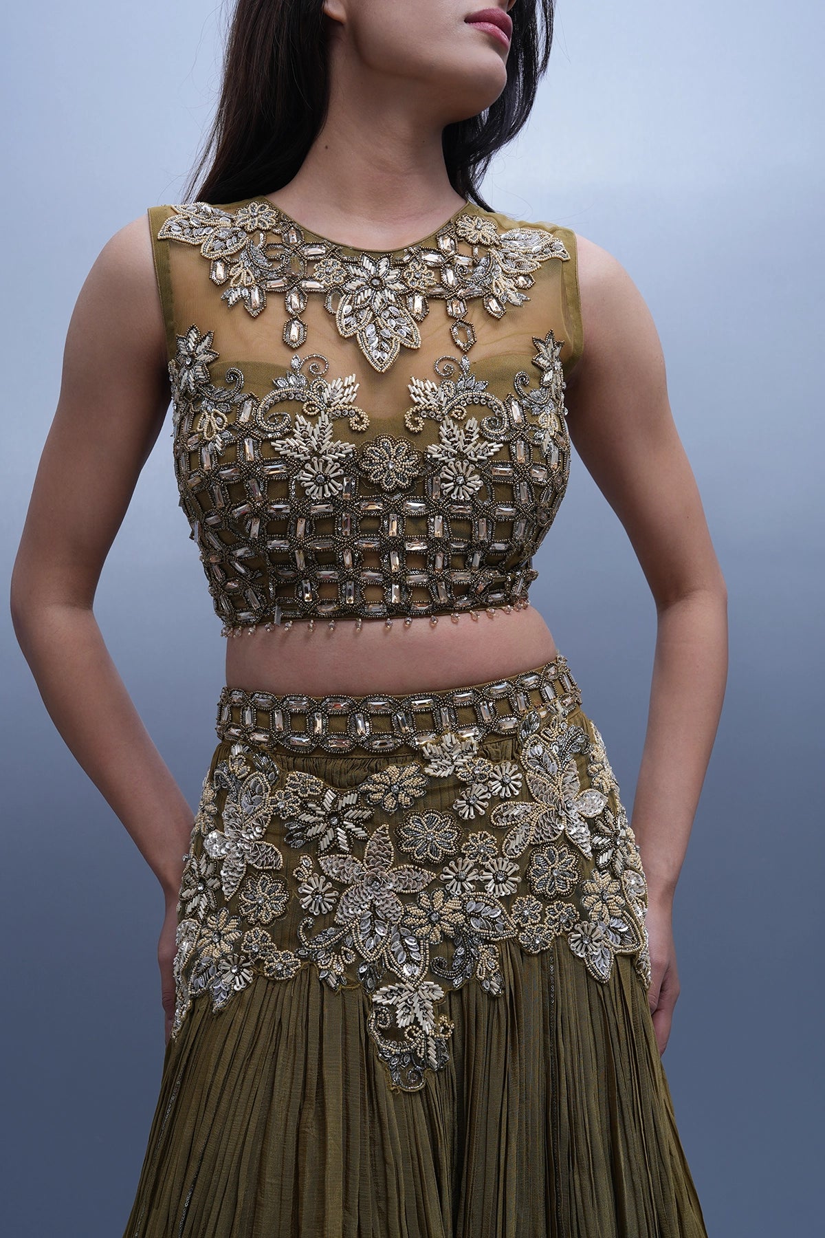 Dusty olive green lehenga set in chinnon fabric