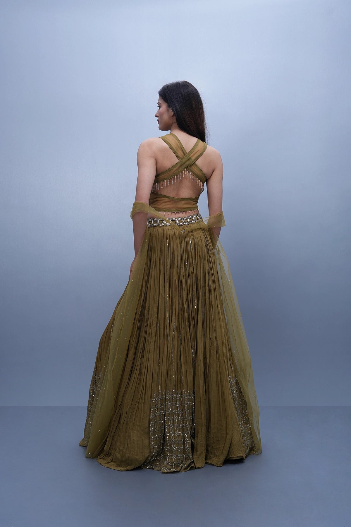 Dusty olive green lehenga set in chinnon fabric