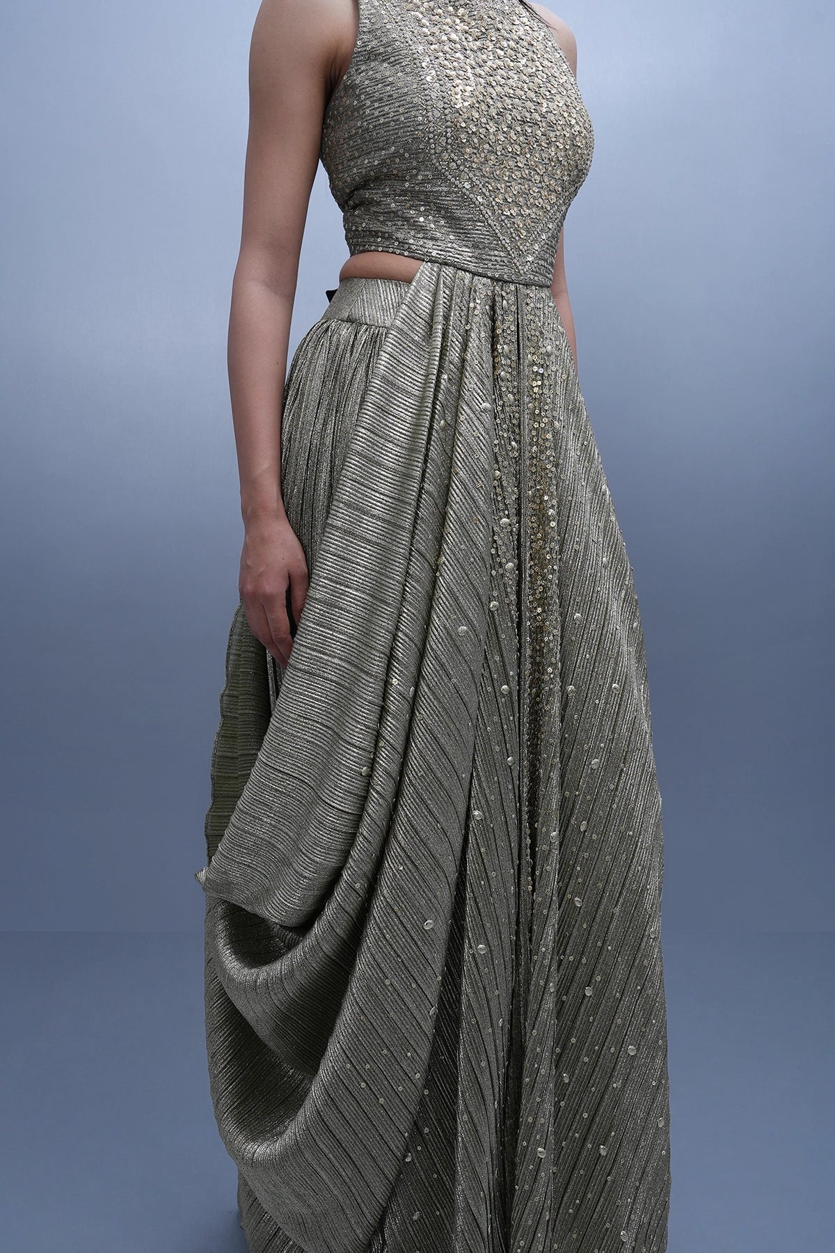 Gold and green cowl look top and skirt set