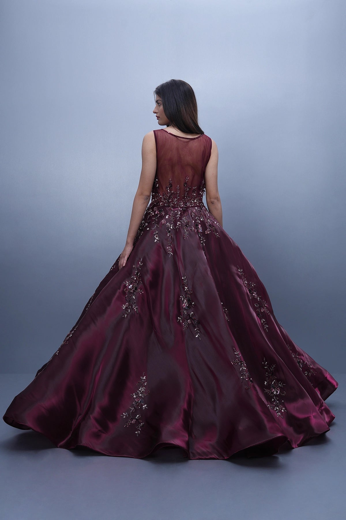 Wine ball gown in jimmy choo fabric