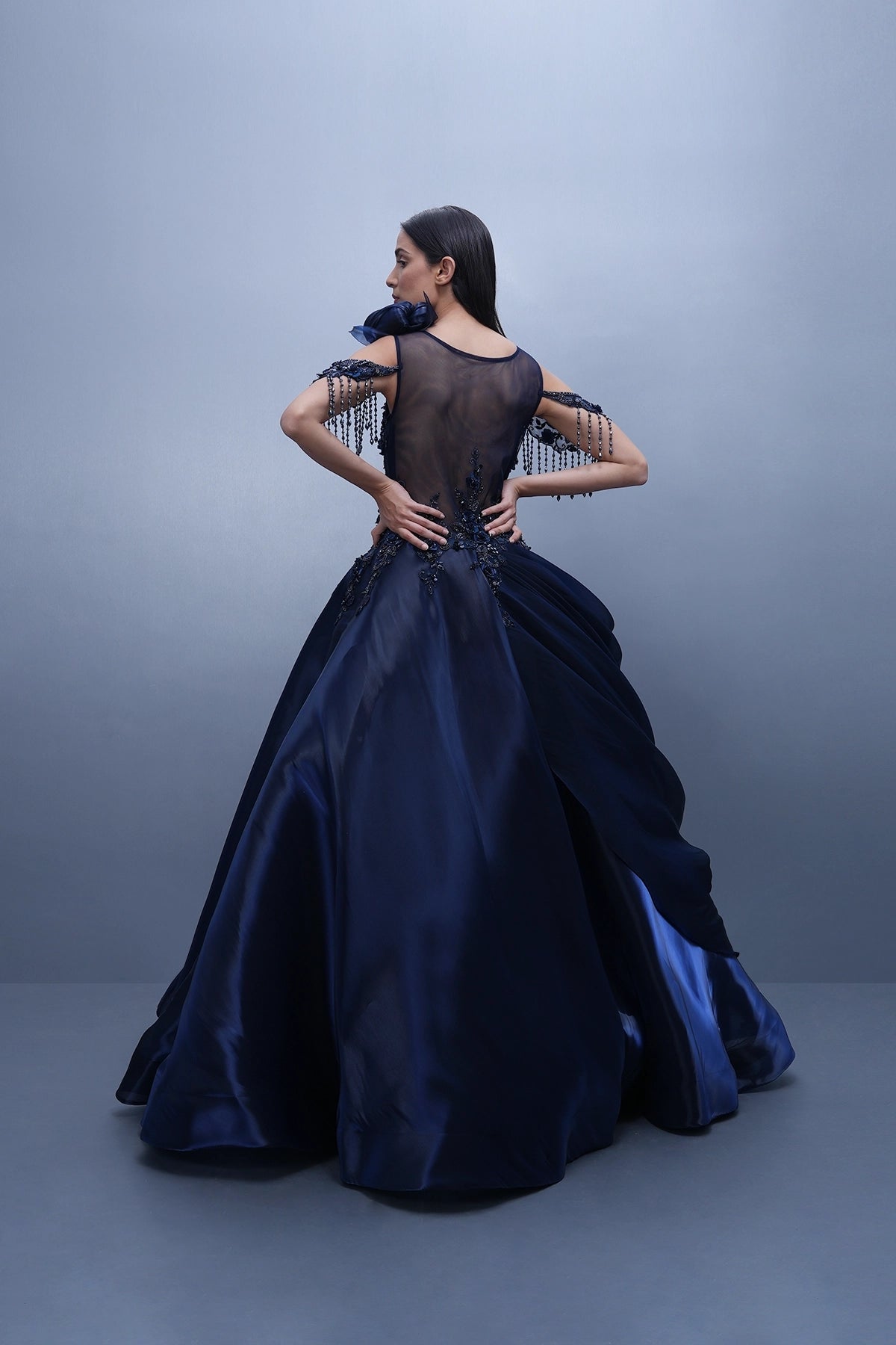 Persian blue ball gown in jimmy choo fabric