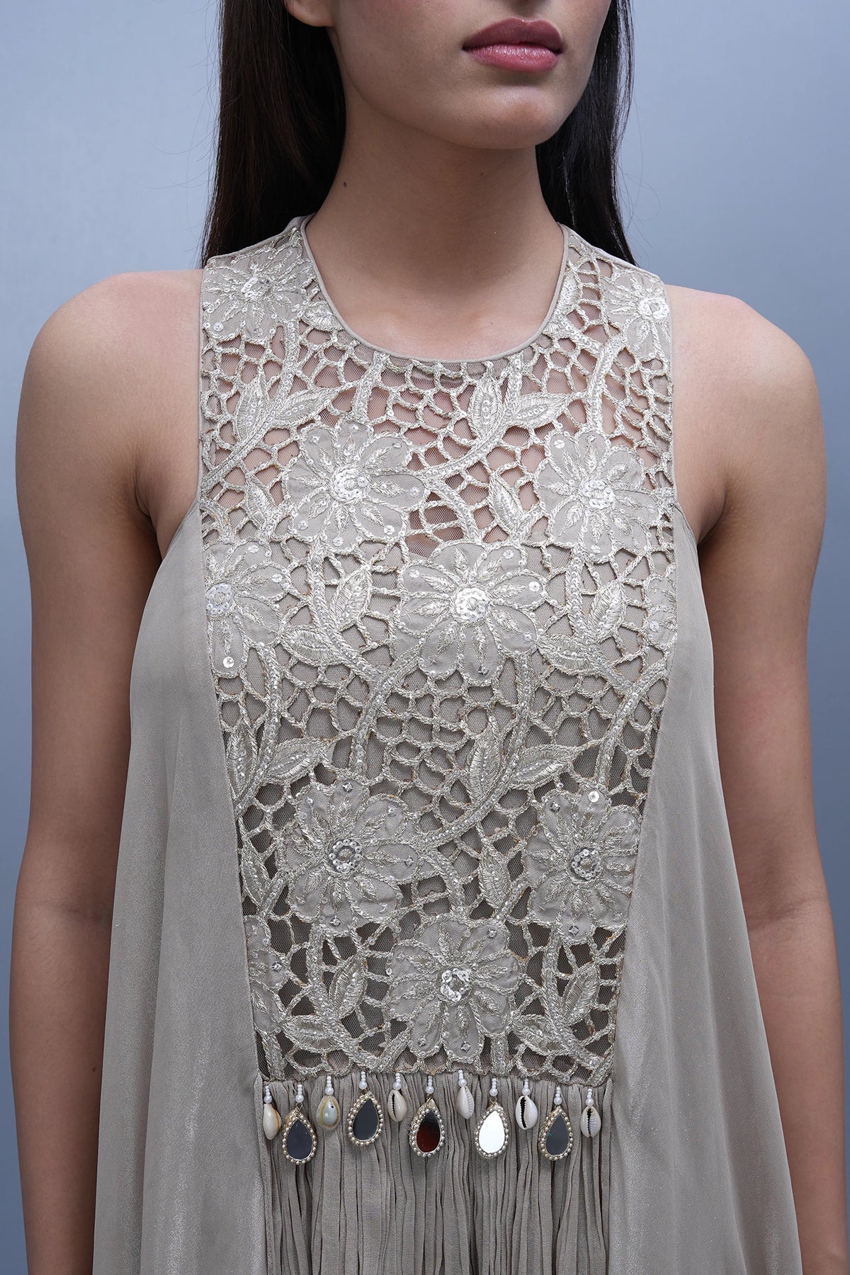 Dusty cream long top and and palazzo with gold zari cutwork