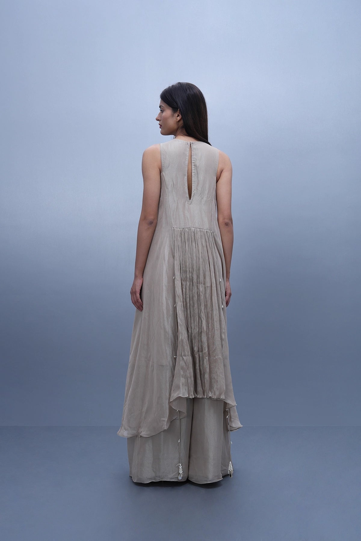 Dusty cream long top and and palazzo with gold zari cutwork