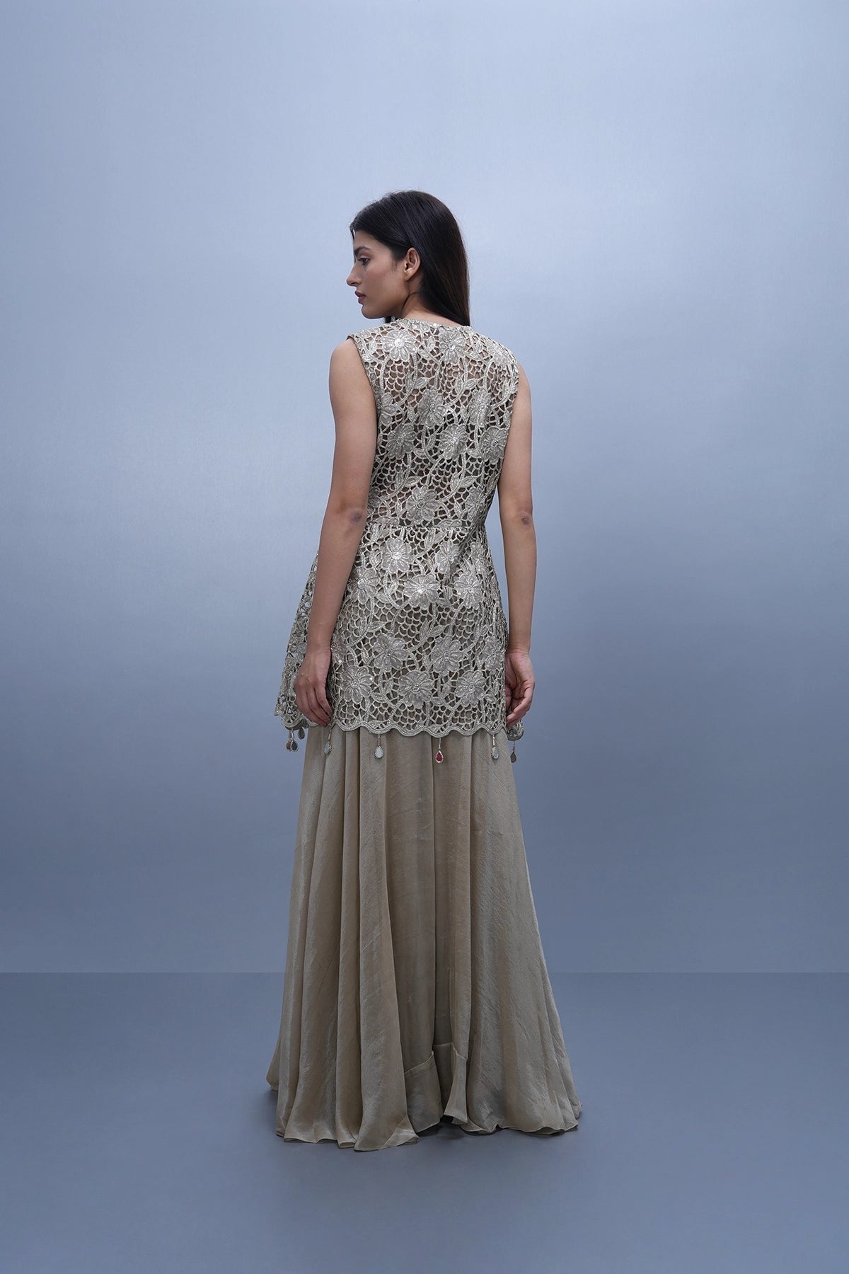 Light dusty gold cutwork jacket set with gathered top and palazzo