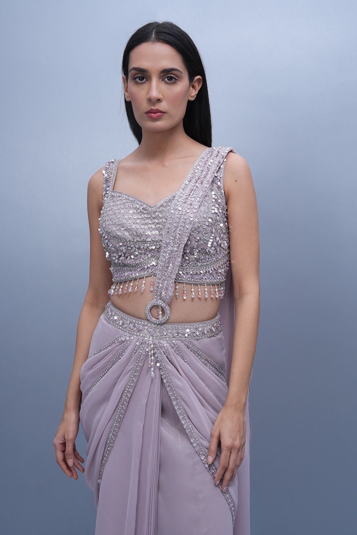 Onion pink pre-draped saree set in shimmer organza