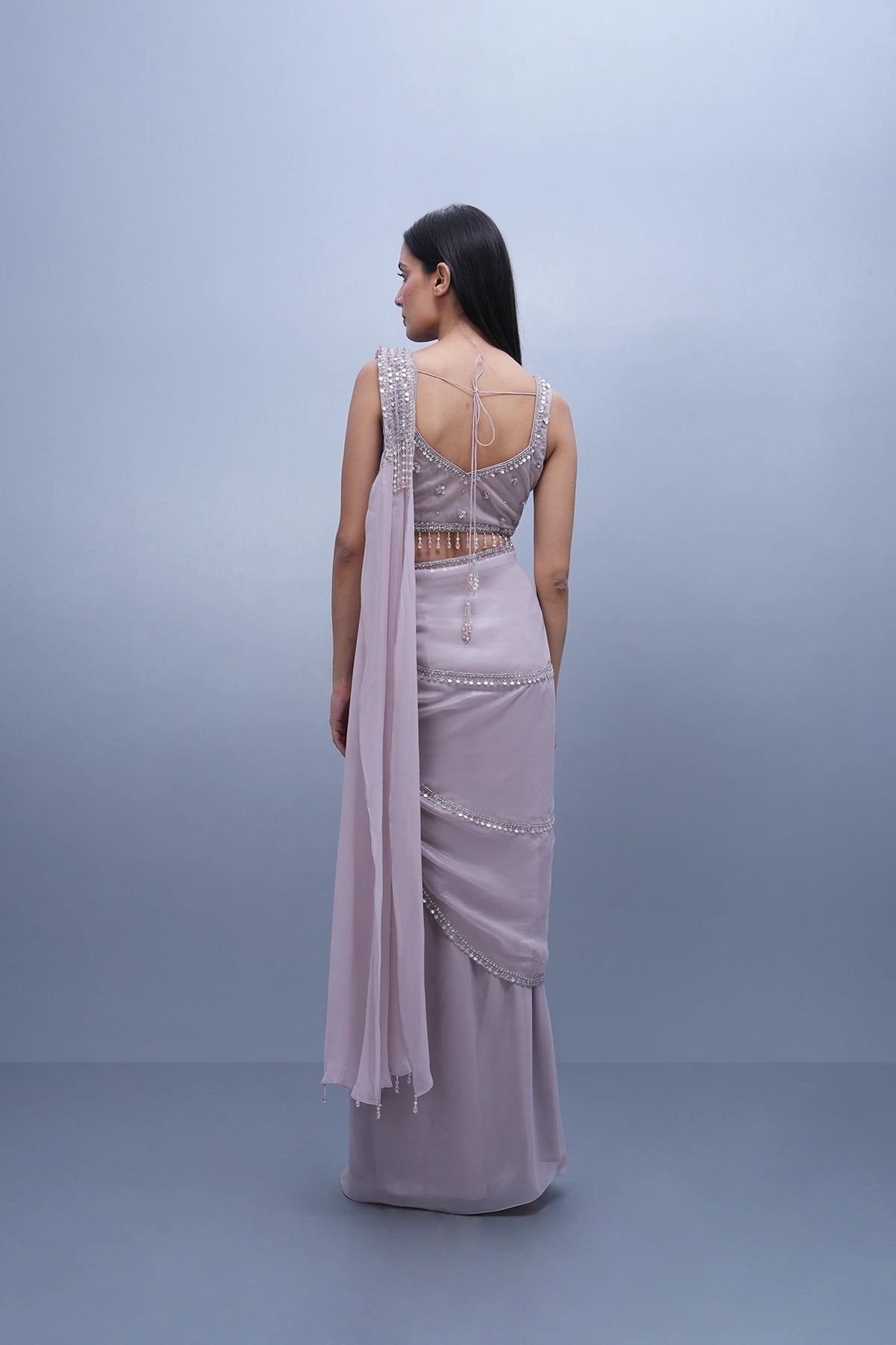 Onion pink pre-draped saree set in shimmer organza