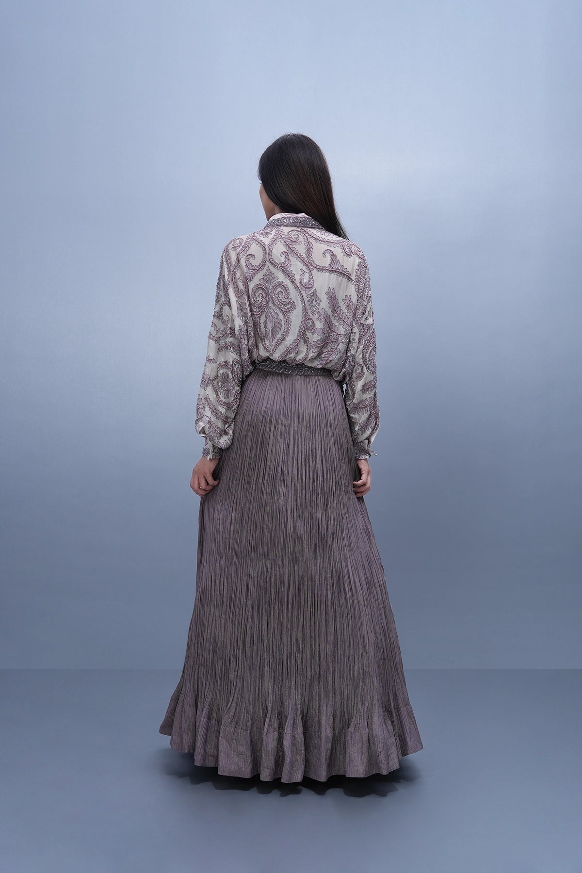 ivory and dusty lavender printed shirt and lehenga set