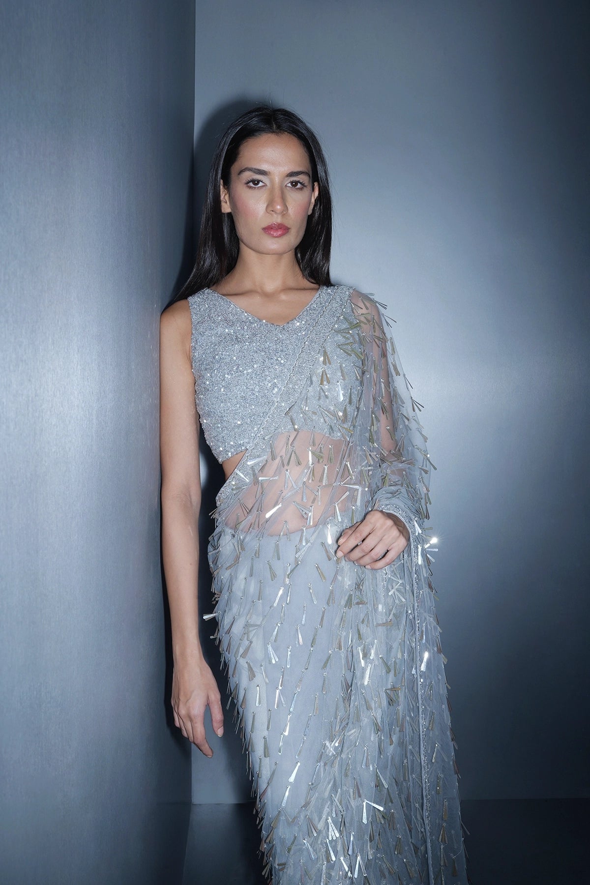 Ice grey fancy sequin saree in net and embroidered blouse set