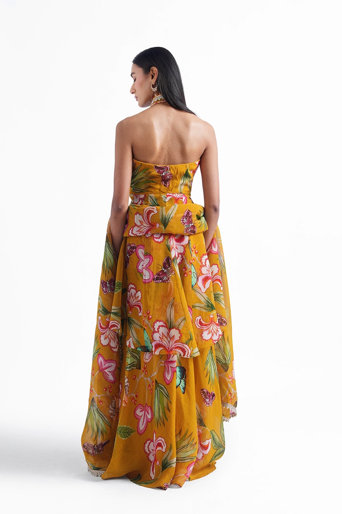 chrome yellow floral printed palazzo and long top set