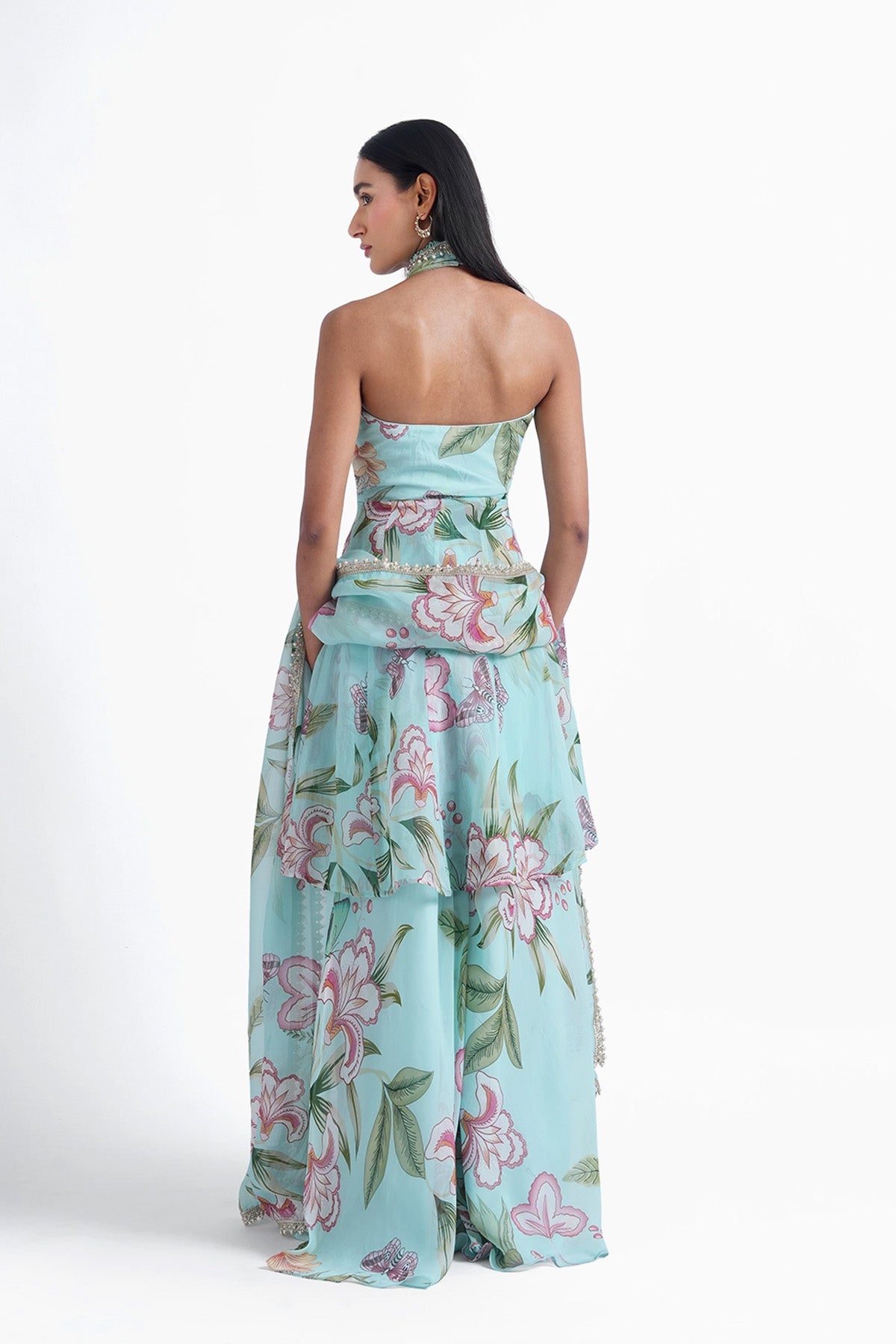 sky blue floral printed palazzo and long top set