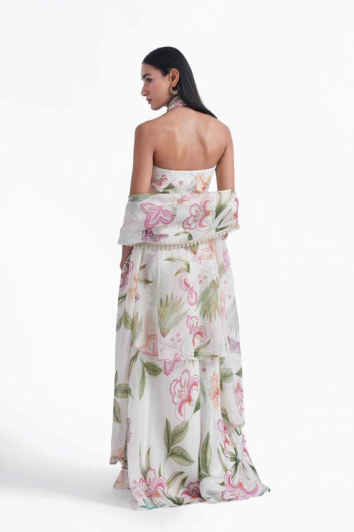 white floral printed palazzo and long top set