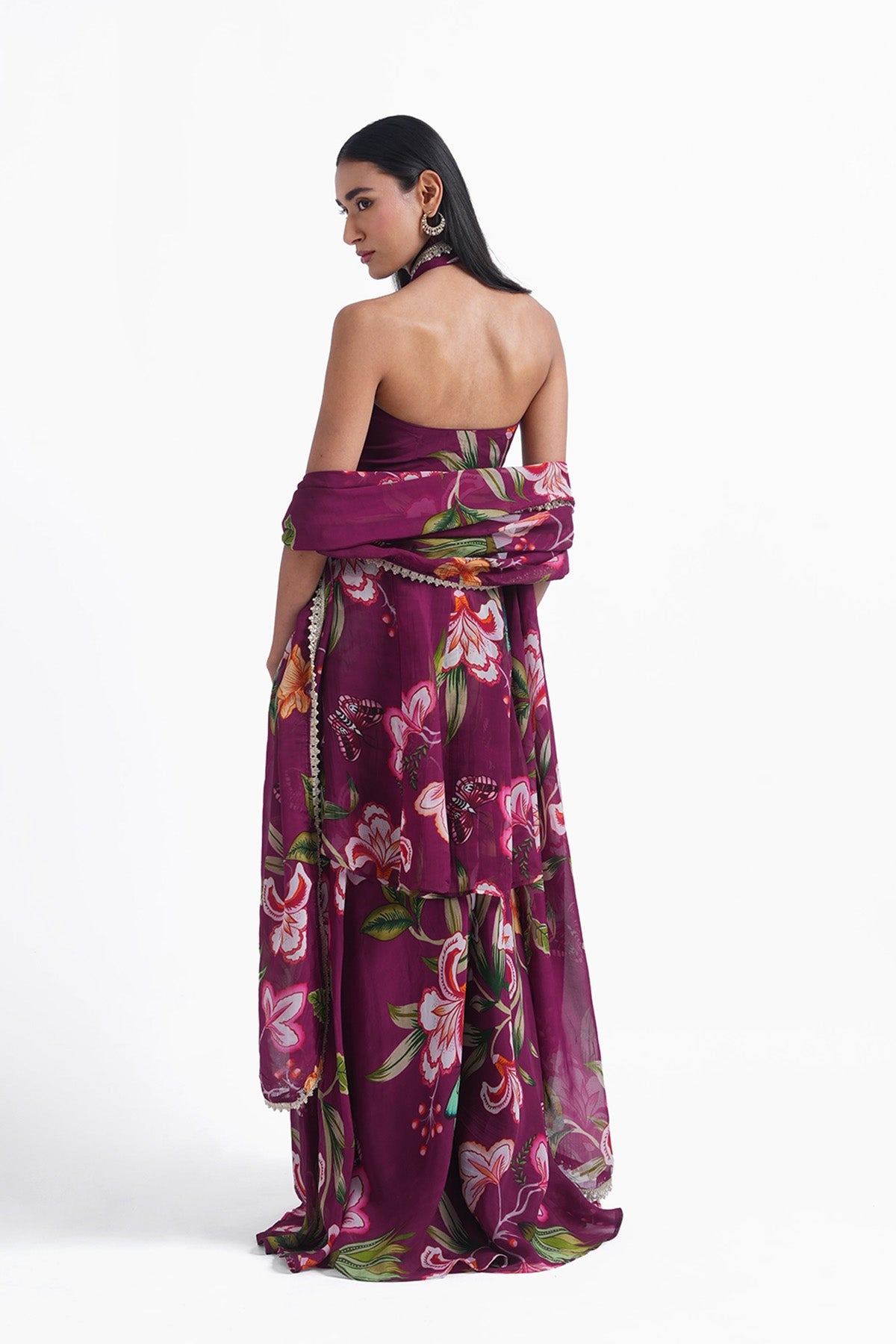 wine floral printed palazzo and long top set