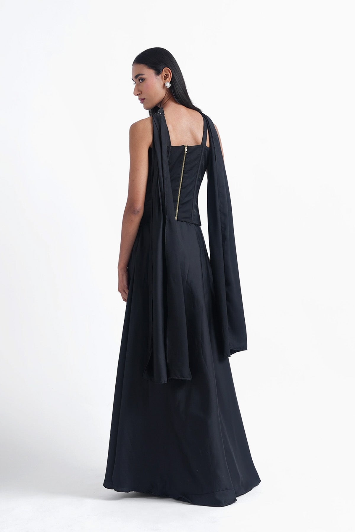 black satin long corset blouse with skirt and choker dupatta set