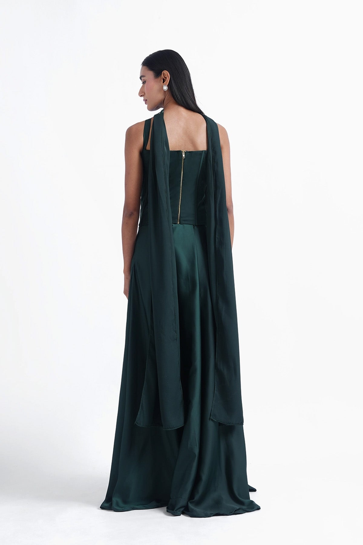 bottle green satin long corset blouse with skirt and choker dupatta set